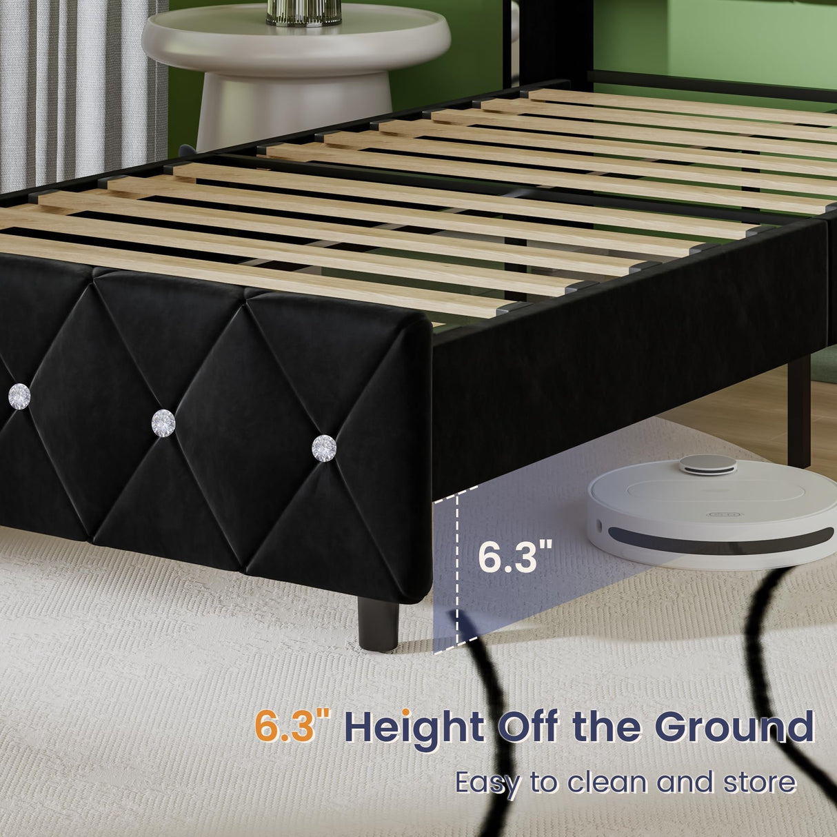 HOMBCK Twin Bed Frames, Upholstered Platform Bed with Diamond Tufted Headboard, Modern Velvet Bed Frame with Wingback Design, No Box Spring Needed, Easy Assembly, Black HOMBCK