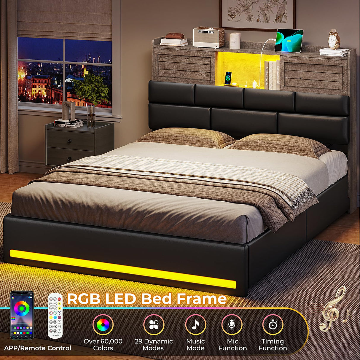 MSmask Queen Bed Frame with Bookcase Headboard and Sliding Doors, Upholstered LED Bed Frame Queen Size with Charging Station, 4 Storage Drawers, No Box Spring Needed, Black & Grey MSmask