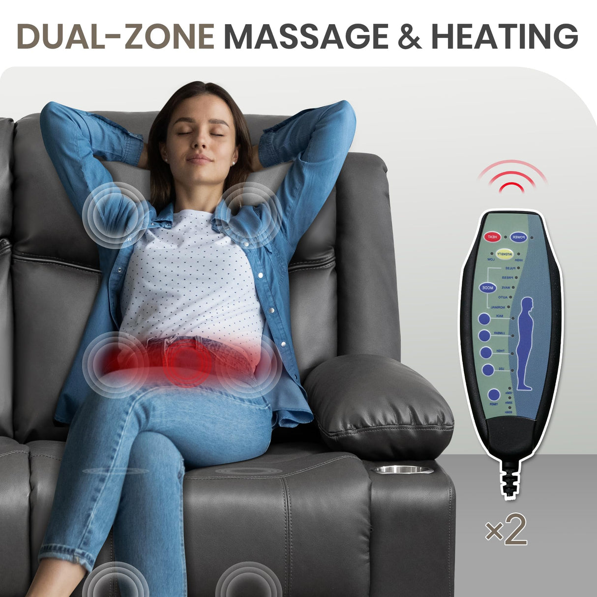 CALIVIA Manual Reclining 3-Seater Sofa with Heat & Massage, PU Leather Recliner Couch for Living Room, Faux Leather Upholstery, Deep Cushions & Sturdy Frame (Grey) CALIVIA