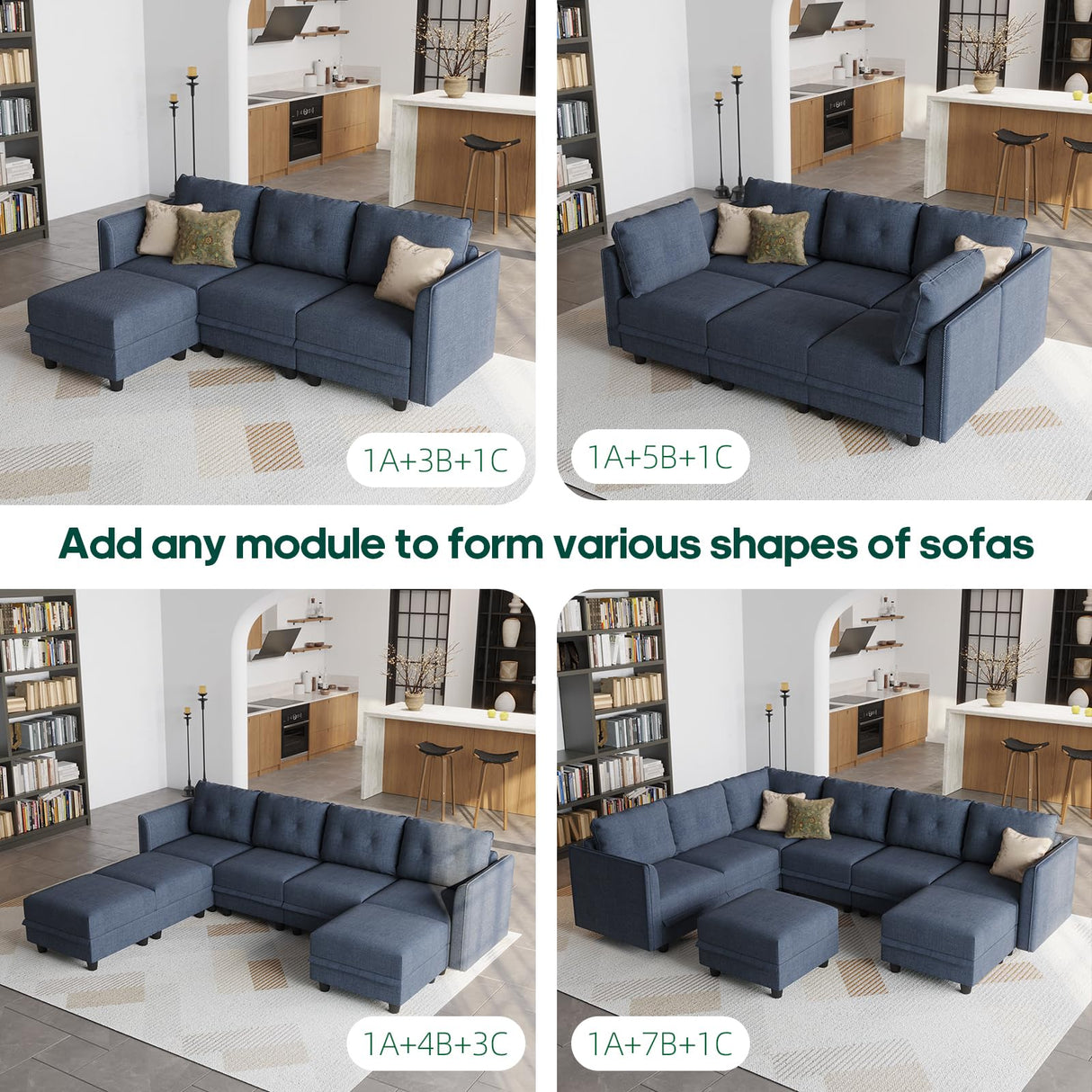 LLappuil Oversized Sectional Sofa Modular Couch with Storage, 10 Seater U Shaped Sectional Couches Set for Living Room, Denim Blue LLappuil