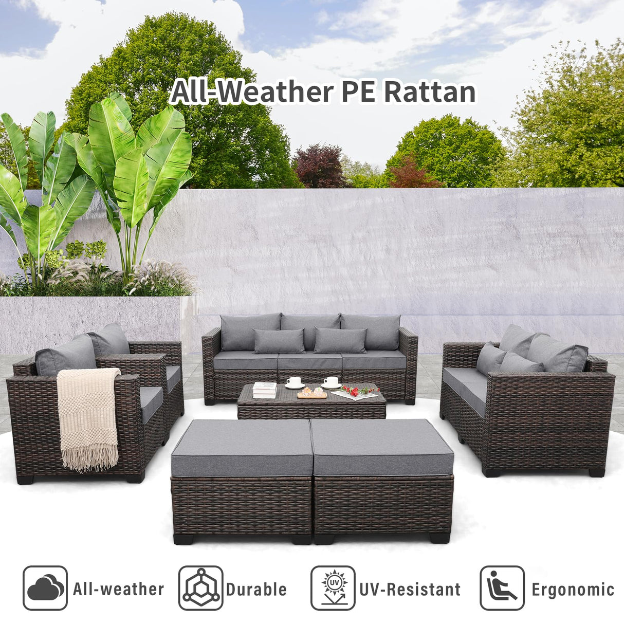 Valita 7 Pieces Patio Furniture Set,9-Seats Outdoor Wicker Sectional Sofa Brown Rattan Modular Patio Conversation Chair Set with Storage Table,Washable Cushions(Grey) Valita