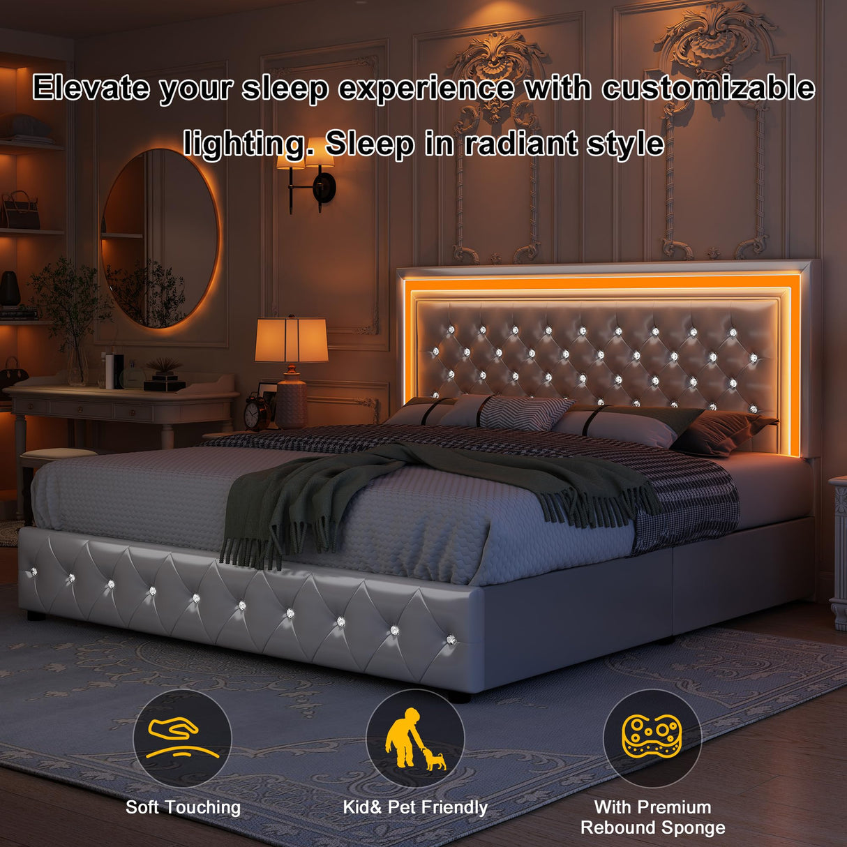 GEGOFORU PU White Queen Bed Frame with LED Lights and Spacious Storage Drawers GEGOFORU