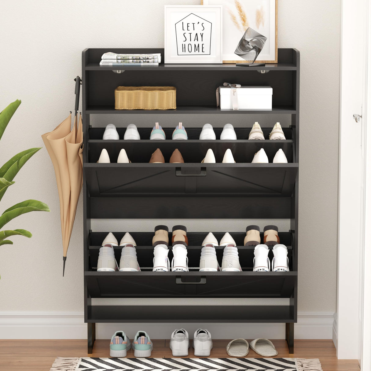 Shoe Cabinet with 2 Flip Drawers, Freestanding Hidden Shoe Storage Organizer for Entryway, Narrow Slim Shoe Rack Cabinet with Open Storage & Hooks for Front Door Entrance, Living Room, Hallway, Black Xixini