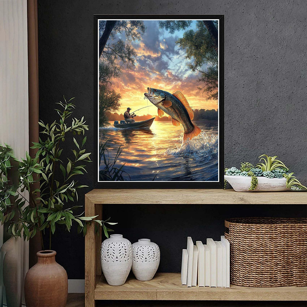 VAIIEYO 5D DIY Diamond Art Kits for Adults Fish, Diamond Painting Fisherman, Diamond Art Full Drill Round Rhinestone Craft Canvas for Home Wall Decor Gift 12x16 inch-74 VAIIEYO