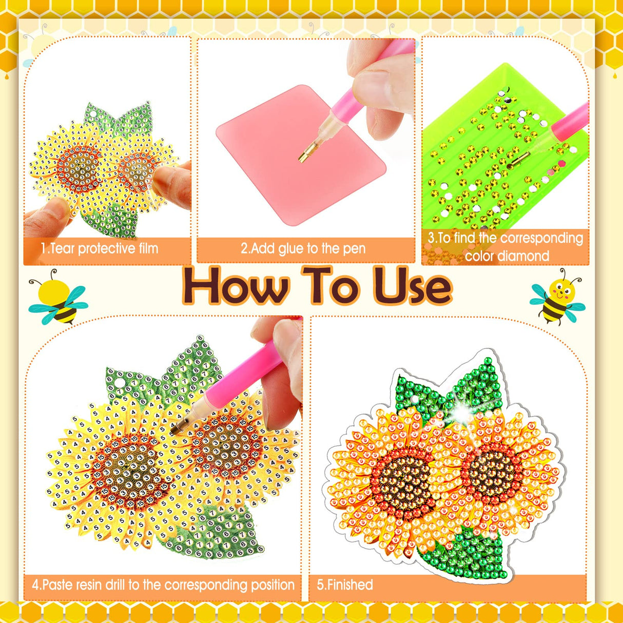 Bucherry 12 Pcs Flowers Diamond Painting Keychains 5d Spring Diamond Art Key Rings Sunflower Hanging Ornaments for DIY Craft(Rustic Style) Bucherry