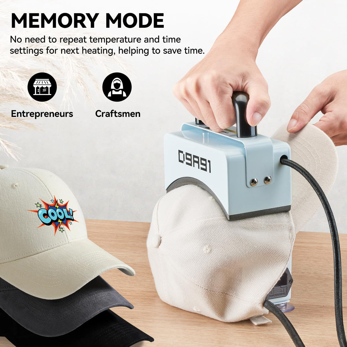 D9A91 Hat Press,Mini Hat Press Machine. for Caps, T-Shirt & More, Curved Heating Plate and Silicone Base,Heat Up Fast and Even, No Crease, LCD Digital Temperature &Timer Control-Light Blue D9A91