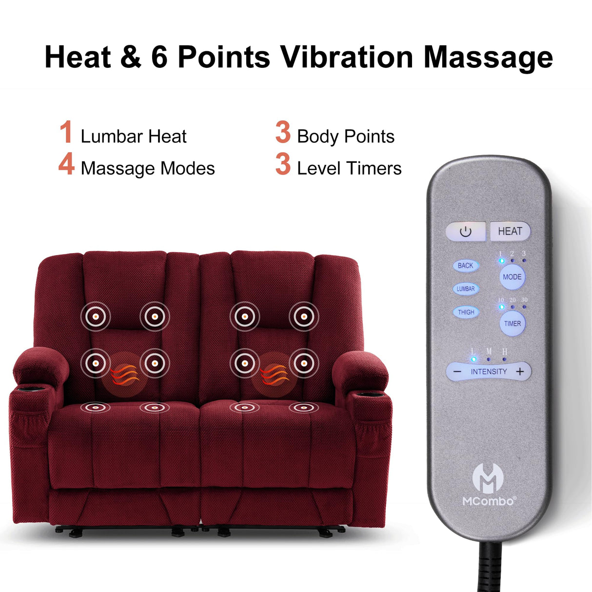 MCombo 57.8" Zero Gravity Power Loveseat Recliner with Heat and Vibration Massage, Reclining Loveseat Sofa with USB Ports, Cup Holders for Living Room, Fabric 6035SET (Burgundy) MCombo
