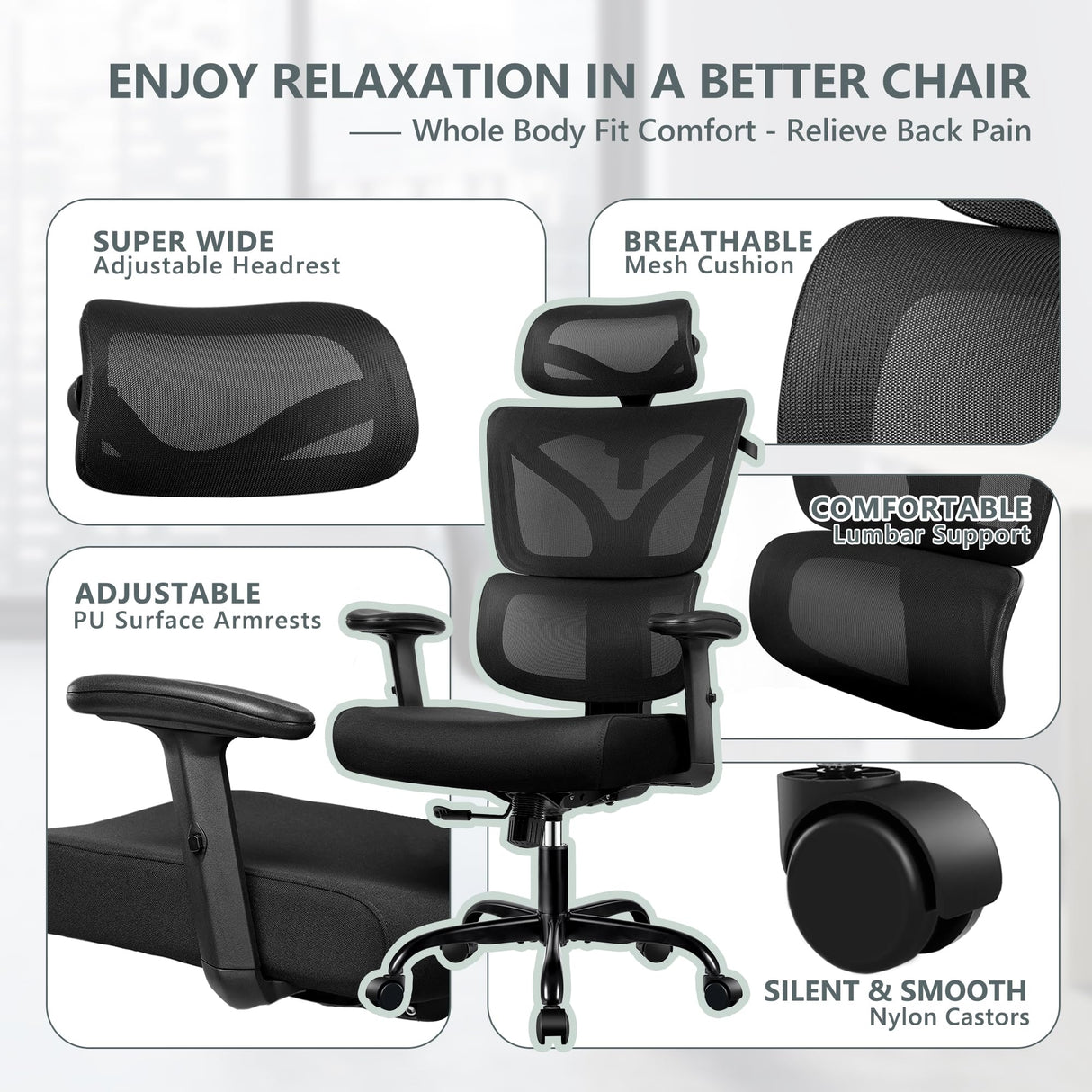 Winrise Office Chair Ergonomic Desk Chair, High Back Gaming Chair, Big and Tall Reclining Comfy Home Office Chair Lumbar Support Breathable Mesh Computer Chair Adjustable Armrests (Black) Winrise