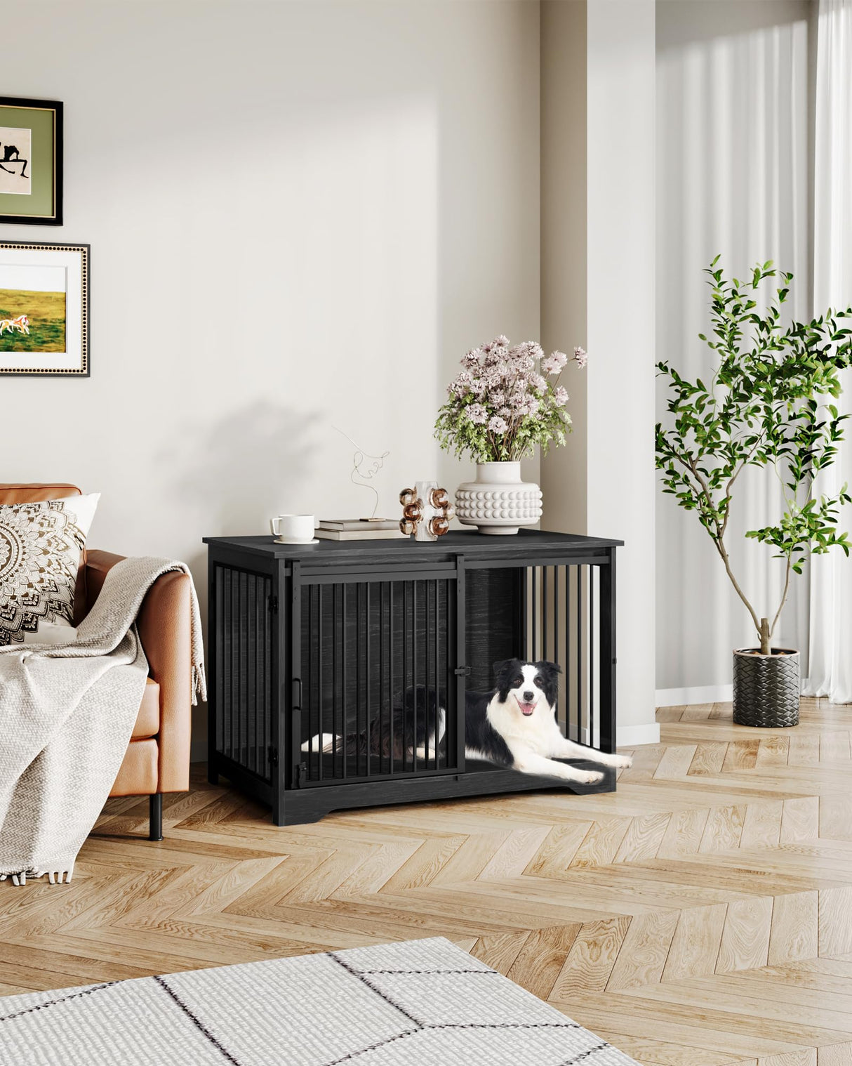 Hzuaneri 39.3" Dog Crate Furniture with Barn Door, Heavy Duty Dog Kennel Indoor with 2 Doors, Wooden Pet Cage End Table for Large Small Medium Dogs, Anti-Chew Anti-Escape, Black DFC02304B Hzuaneri