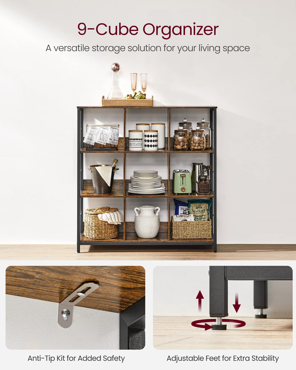 VASAGLE Bookshelf, Bookcase, 9 Cubes Storage Organizer, Industrial Open Display Shelf, for Bedroom, Office, Living Room, Metal Frame, Rustic Brown and Black ULLS112B01 VASAGLE