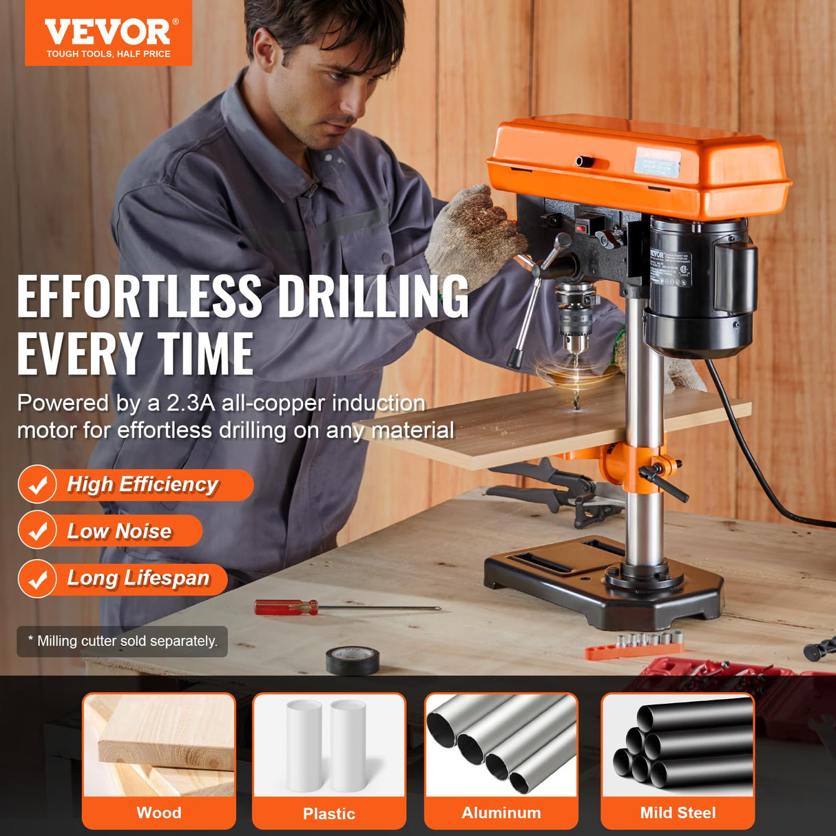 VEVOR 8 in Benchtop Drill Press, 2.3A Induction Motor, Tabletop Drilling Machine with 750/1140 / 1740/2340 / 3200 RPM Adjustable Speed, 0-45° Tilting Worktable, LED Work Light, for Wood Metal VEVOR