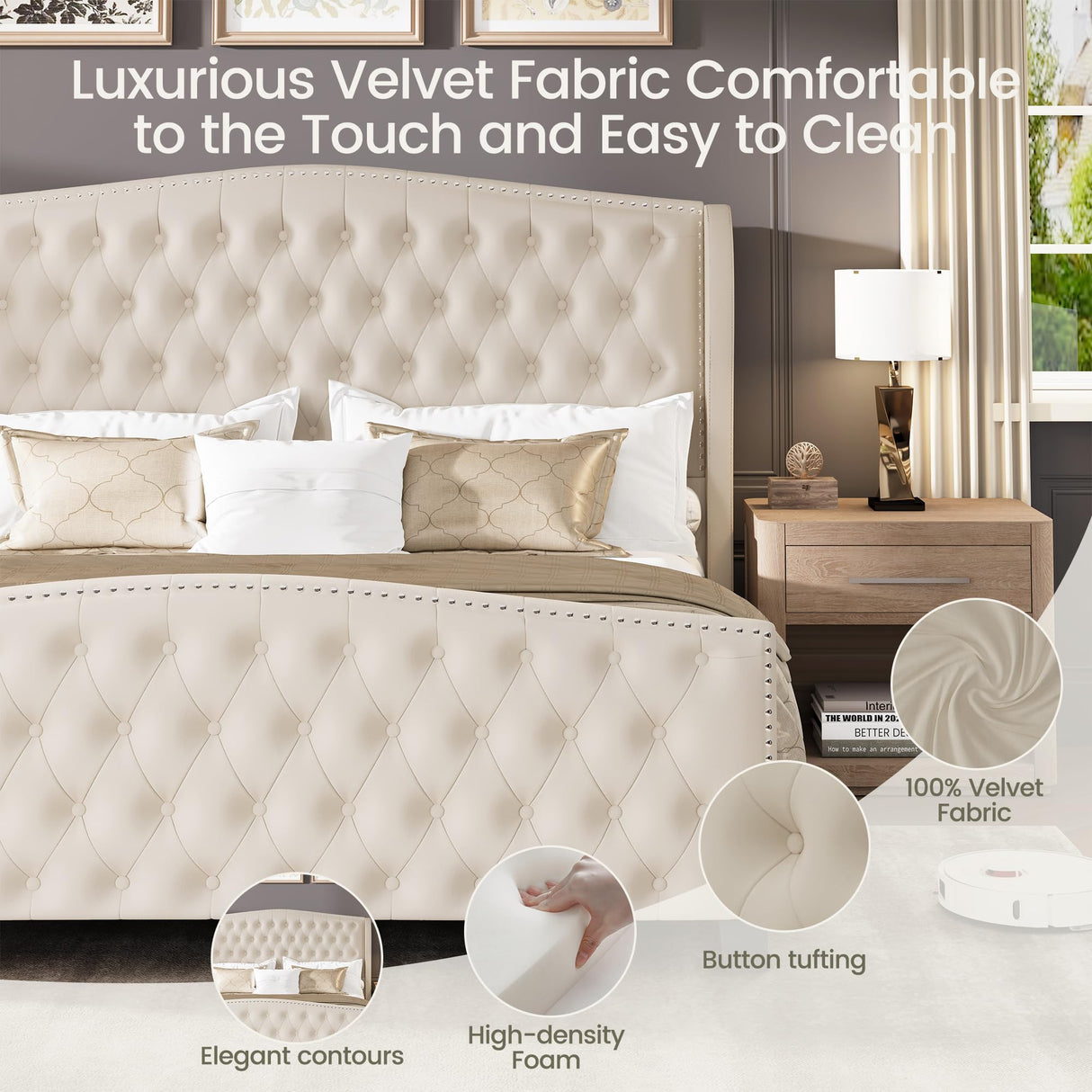 LARMACE King Size Bed Frame Velvet Upholstered Platform Bed with Wingback Headboard & Footbaord, Deep Button Tufted Bed Frame with Wood Slats Support, No Box Spring Needed, Beige LARMACE