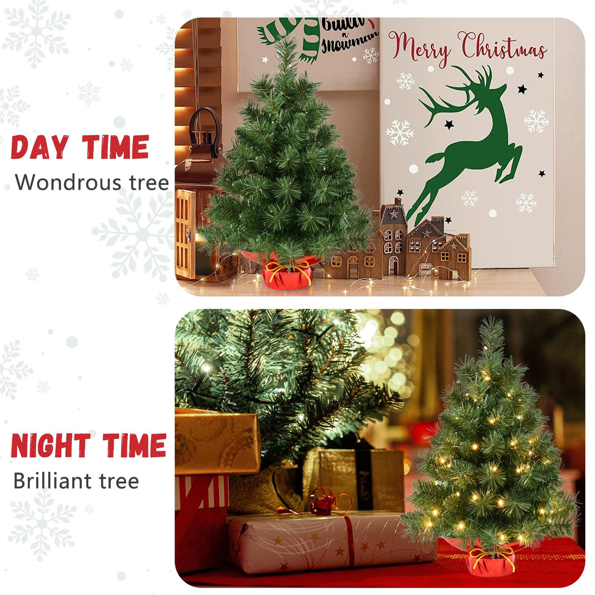 Pre-lit Artificial Mini Christmas Tree | Leeheeyee 2ft Tabletop Christmas Tree with 50 LED Lights, Battery Operated Small Xmas Pine Tree with Burlap Base for Table Desk Home Christmas Decor leeheeyee