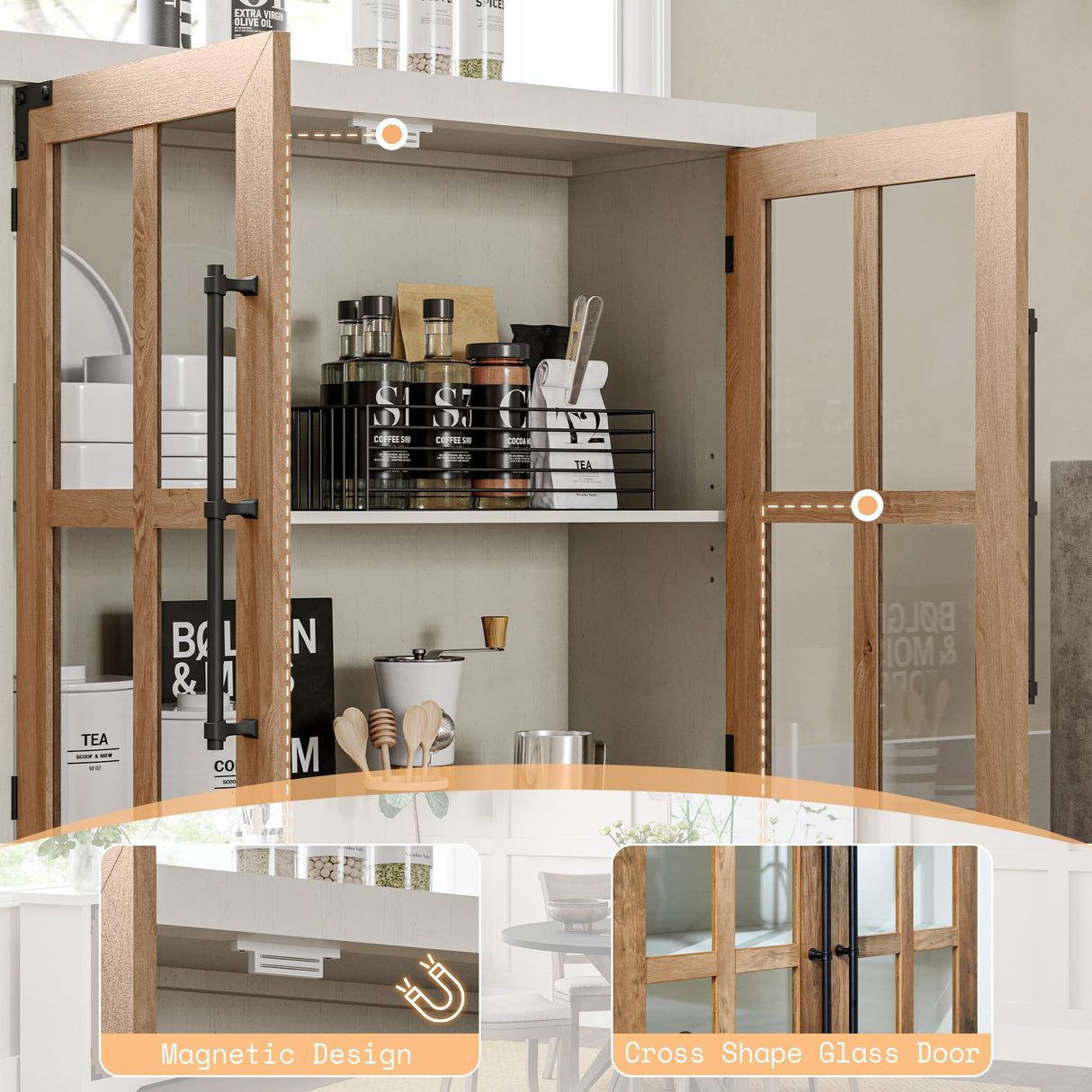 AMERLIFE 63" Buffet Sideboard Cabinet with Storage, Modern Farmhouse Cabinet with 4 Glass Doors & Adjustable Shelf, Wood Buffet Table Cabinet for Kitchen Dining Room Living Room, White AMERLIFE