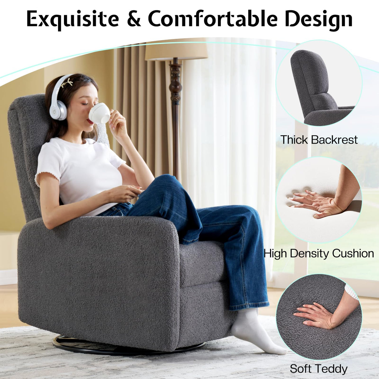 Jocisland Swivel Rocker Recliner Chair for Adults, Nursery Rocking Reclining with High Back, Small Glider for Small Spaces/Living Room/Bedroom/Nursing, Gray Teddy Jocisland