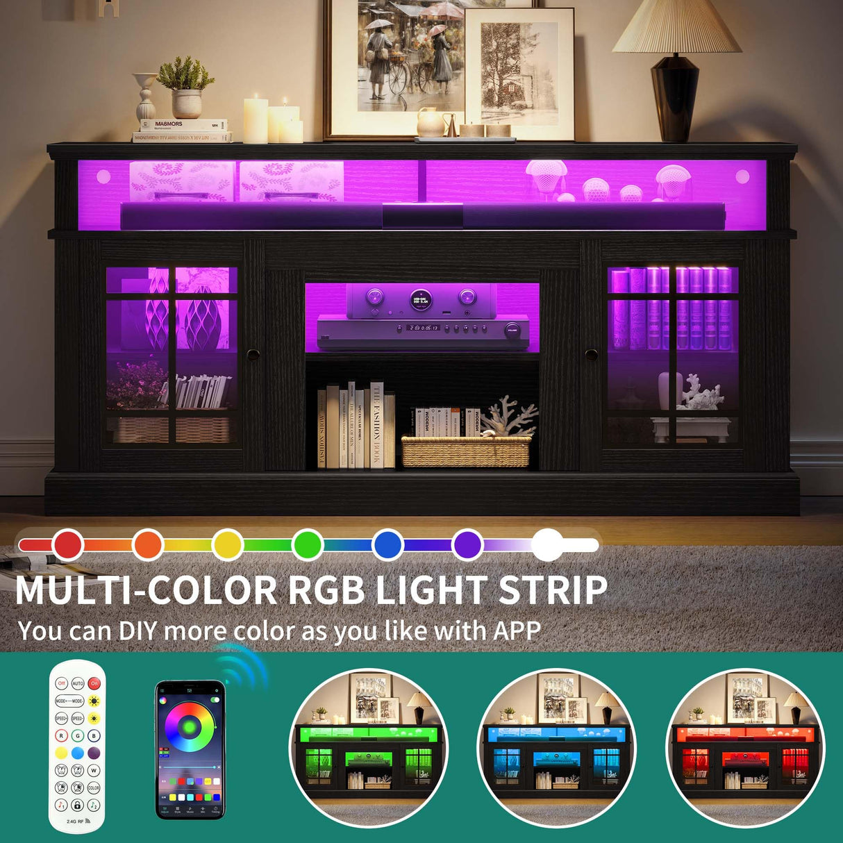 YITAHOME Black TV Stand for 75 Inch TV, LED Modern Entertainment Center with Adjustable Shelves and Glass Doors, 32'' Tall Television Stands TV Media Console Table for Living Room, Black YITAHOME