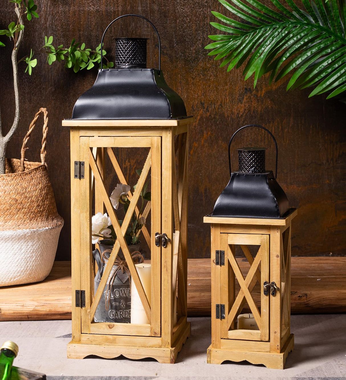 Venalys Farmhouse Wooden Metal Candle Lantern Set of 2, Rustic Large Decorative Floor Lanterns, Indoor/Outdoor Hurricane Lantern for Home Decor (No Glass) Venalys