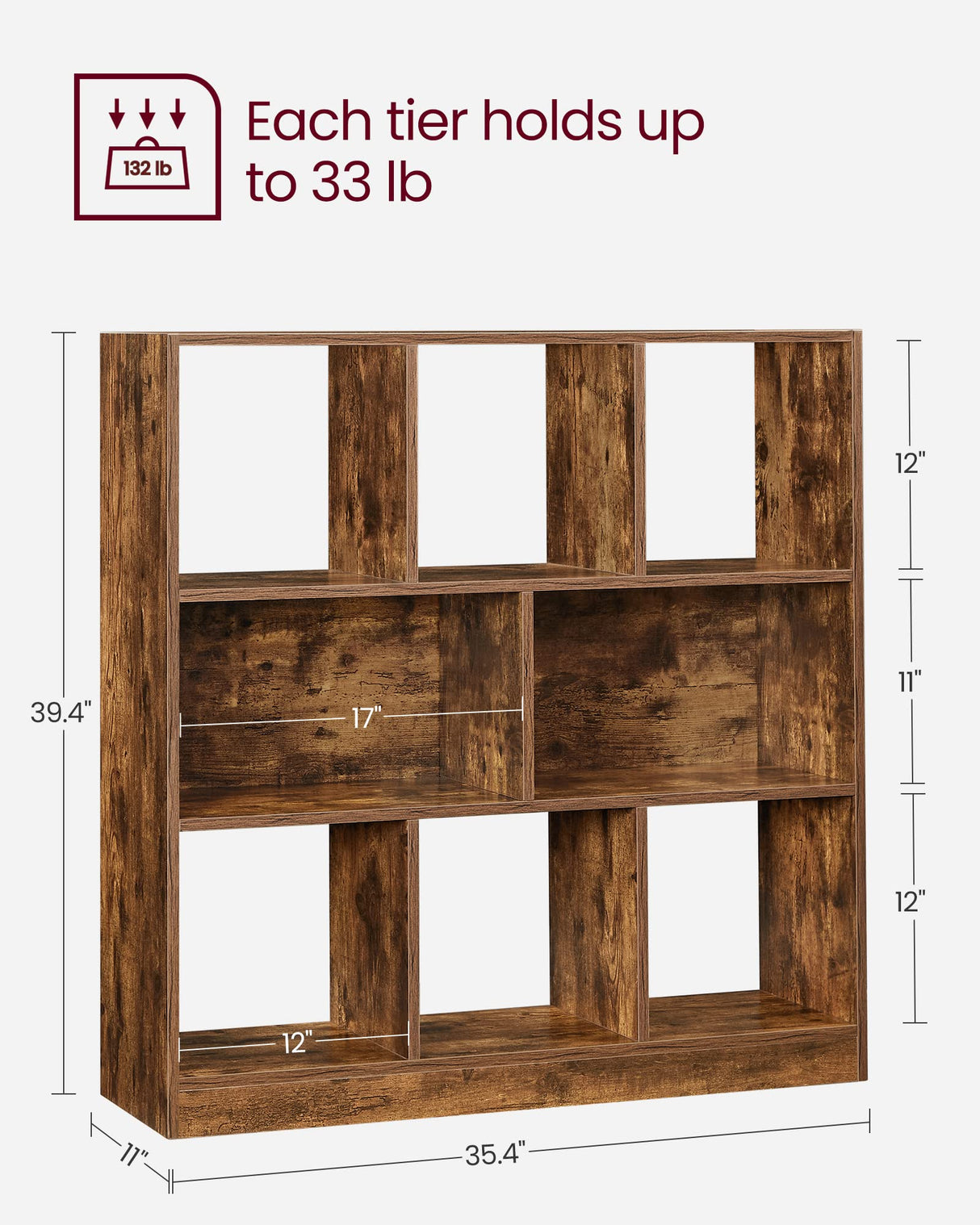 VASAGLE Bookcase, Bookshelf, Freestanding Storage Unit, 8 Open Compartments, Used Horizontally, Vertically, Upside Down, 11 x 35.4 x 39.4 Inches, for Living Room, Study, Office, Rustic Brown ULBC55BX VASAGLE