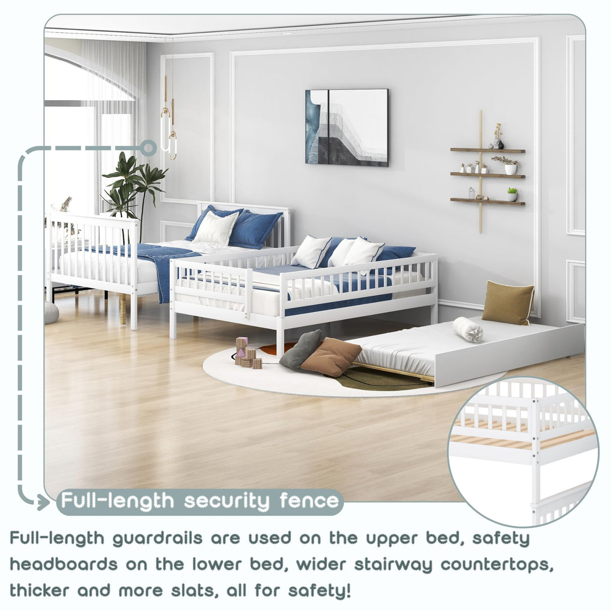 Full Over Full Bunk Beds with Trundle and Stairs Stairway Bunk Bed Frame with Storage Shelves for Kids Teens Adult, Detachable Wood Full Bunk Bed for Boys Girls Adults, White Bellemave