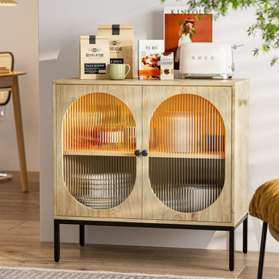 IKIFLY Modern Glass Storage Cabinet, Sideboard Buffet Cabinet with LED Lights and Adjustable Shelves, Accent Console Tables for Kitchen, Dining Room, Entryway, Living Room - Natural