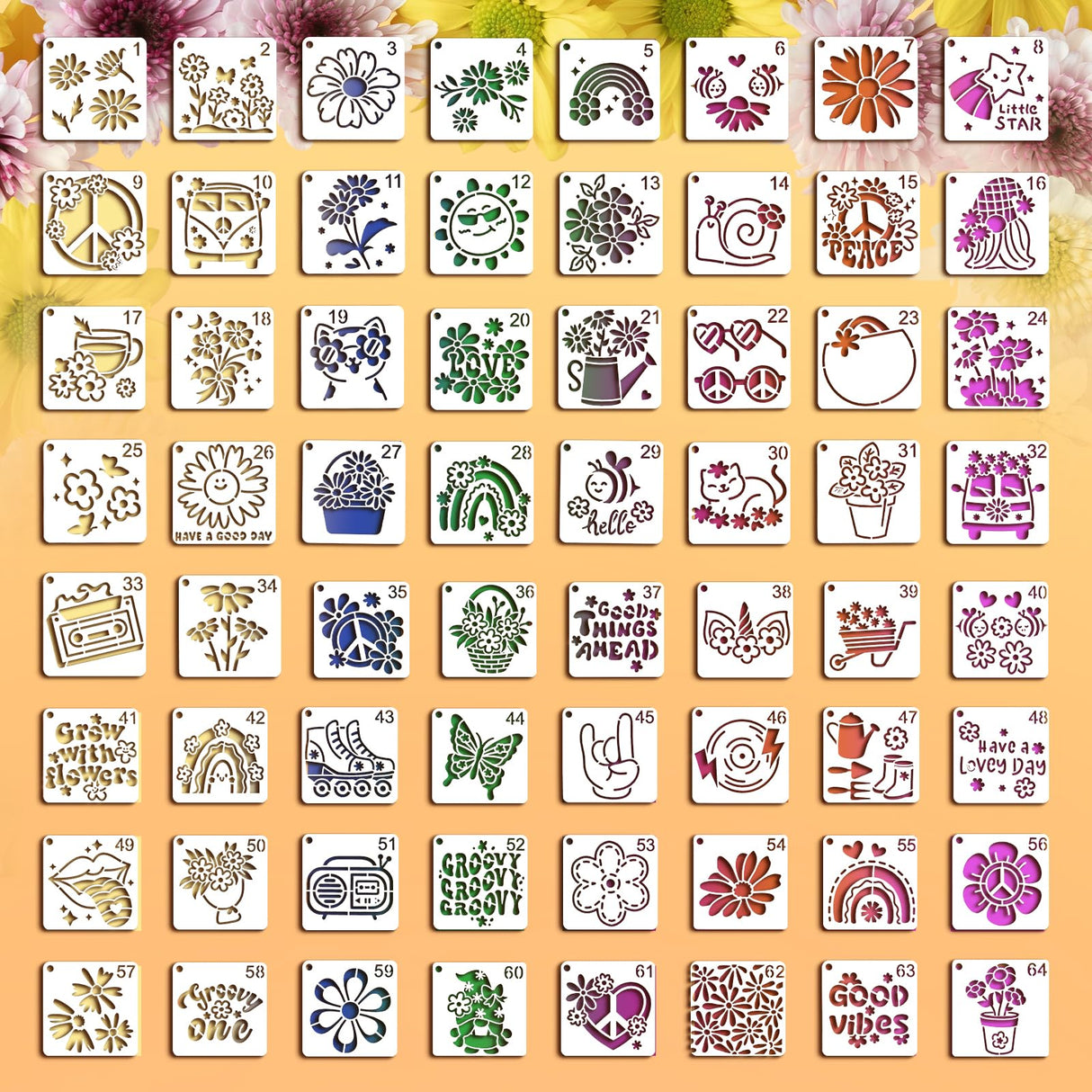 64 pcs Small Stencils for Crafts, Reusable 3 Inch Stencils, Including Flower Plant & Butterfly Patterns, DIY Craft Paint Great Templates for Painting on Wood, Fabric, Wall, Rock & Home Decor KFHENSOMR