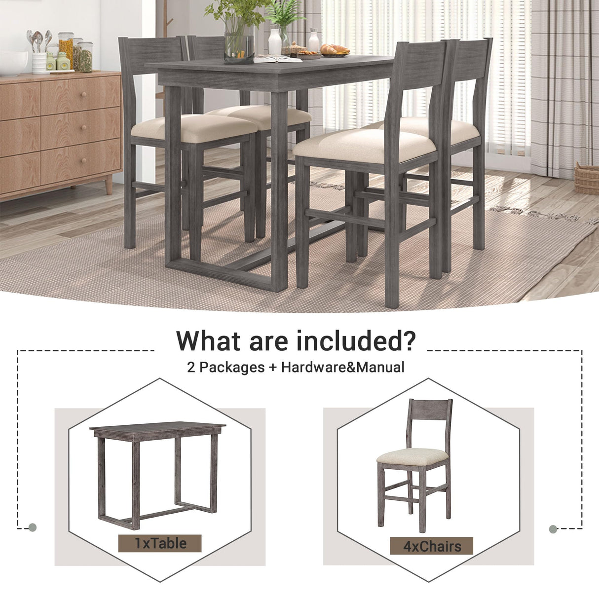 LUMISOL 5-Piece Grey Farmhouse Counter Height Dining Set with Upholstered Chairs LUMISOL