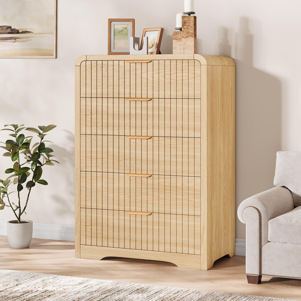 Jocoevol Fluted 5 Drawer Dresser, 43" Tall Dressers & Chests of Drawers Curved Profile Design, Wood Mid Century Vertical Dresser Natural Texture for Bedroom, Natural Oak Dresser Jocoevol