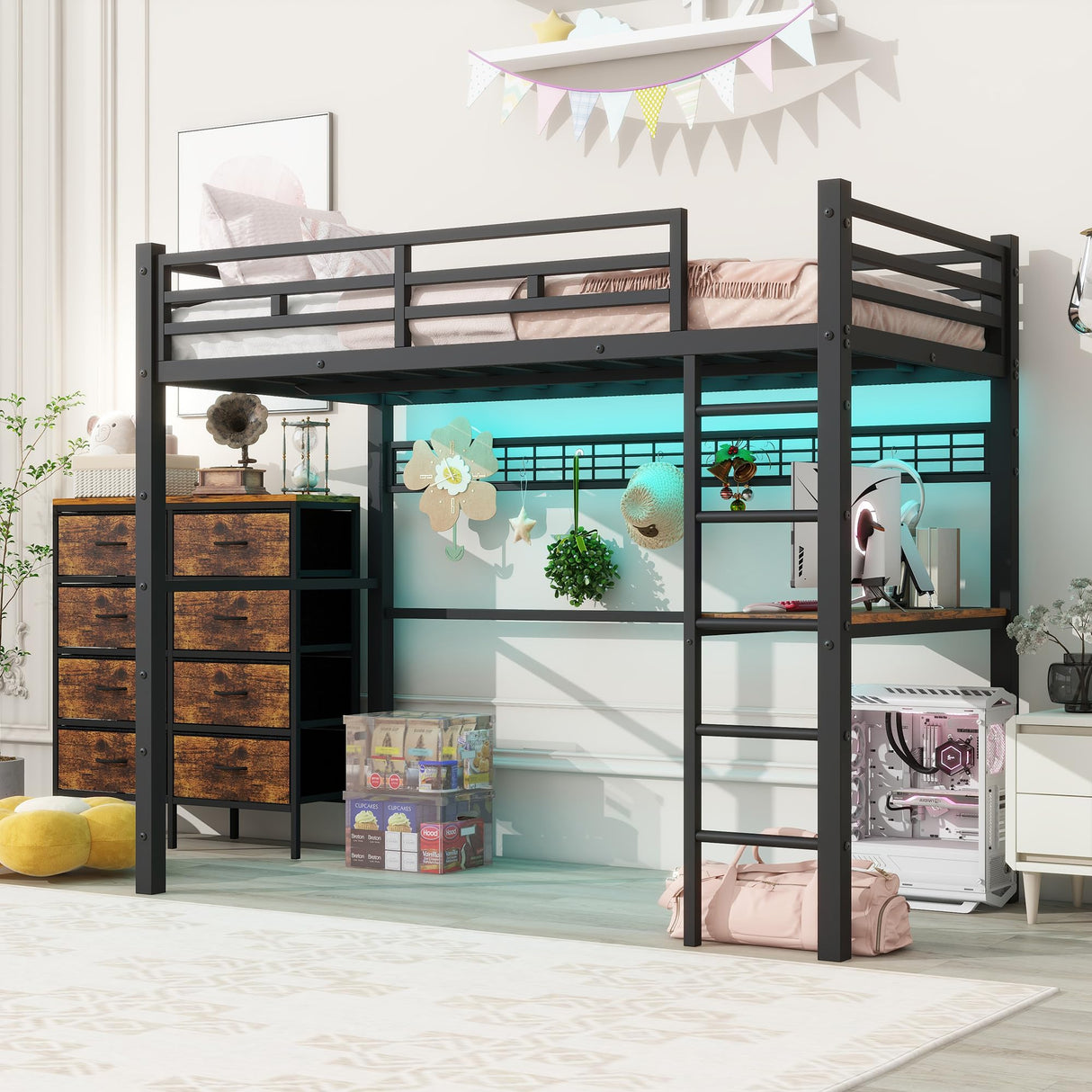 FULLJOJOR Loft Bed Twin Size with Desk, 8 Storage Drawers, Power Outlet, LED Metal Loft Bed with Storage Shelve, Bed with Safety Guardrail & Ladders,Space-Saving,Black FULLJOJOR