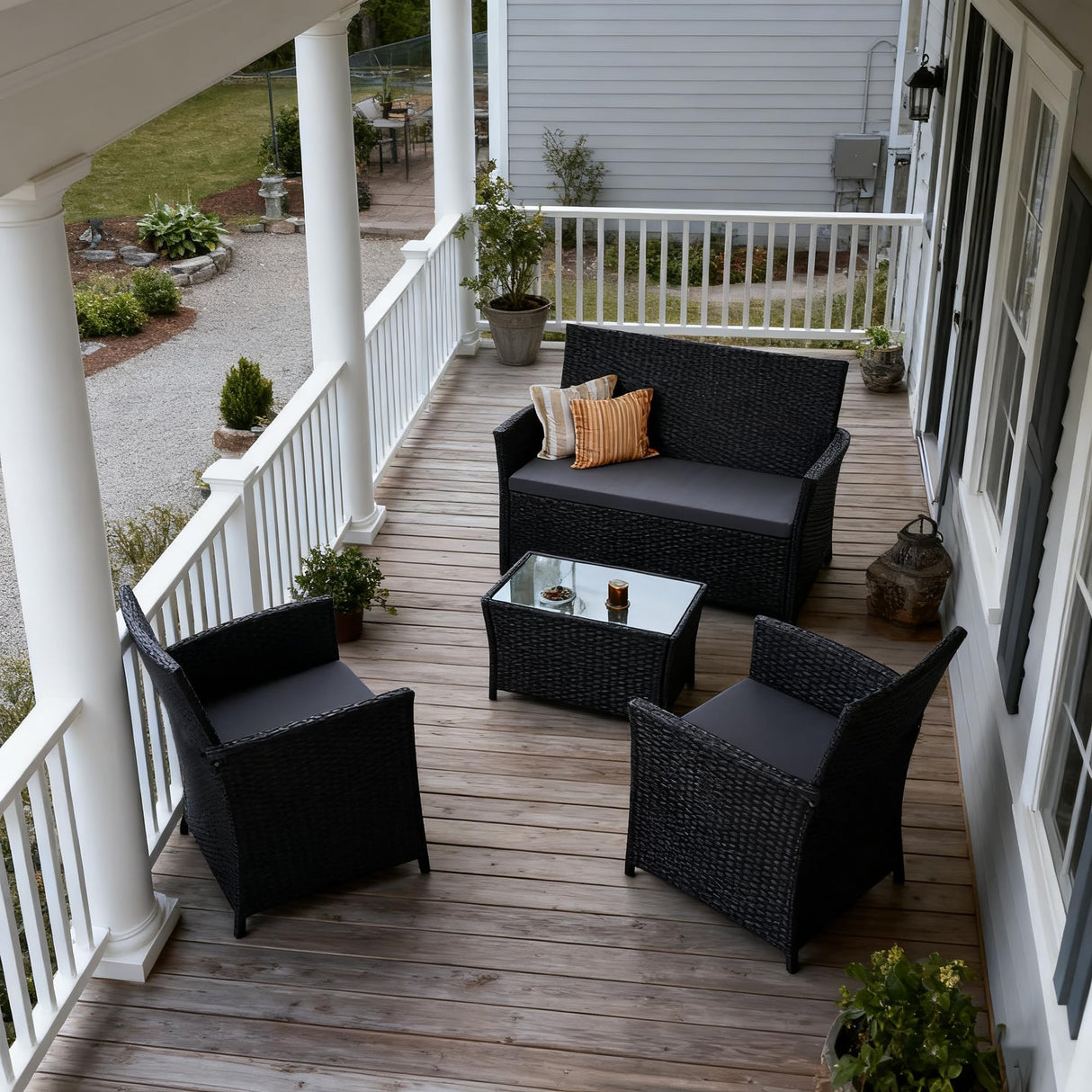 Seogwisam 4 Piece Patio Furniture Set, Outdoor Wicker Conversation Set, Rattan Sectional Sofa Couch with Glass Coffee Table & Thick Cushion for Backyard, Porch, Garden, Poolside, Black/Grey Seogwisam