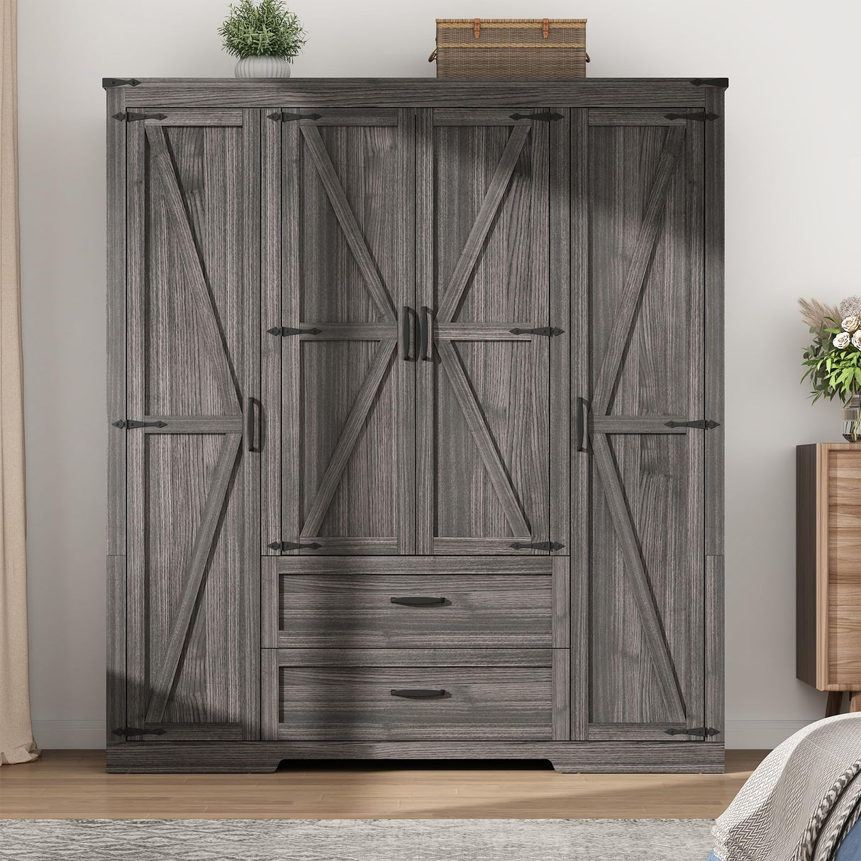 Hlivelood 4 Doors Wardrobe Armoire Closet with Doors and Drawers, Farmhouse Wooden Armoire Storage Cabinet with Shelves & Hanging Rod for Bedroom, Grey Hlivelood