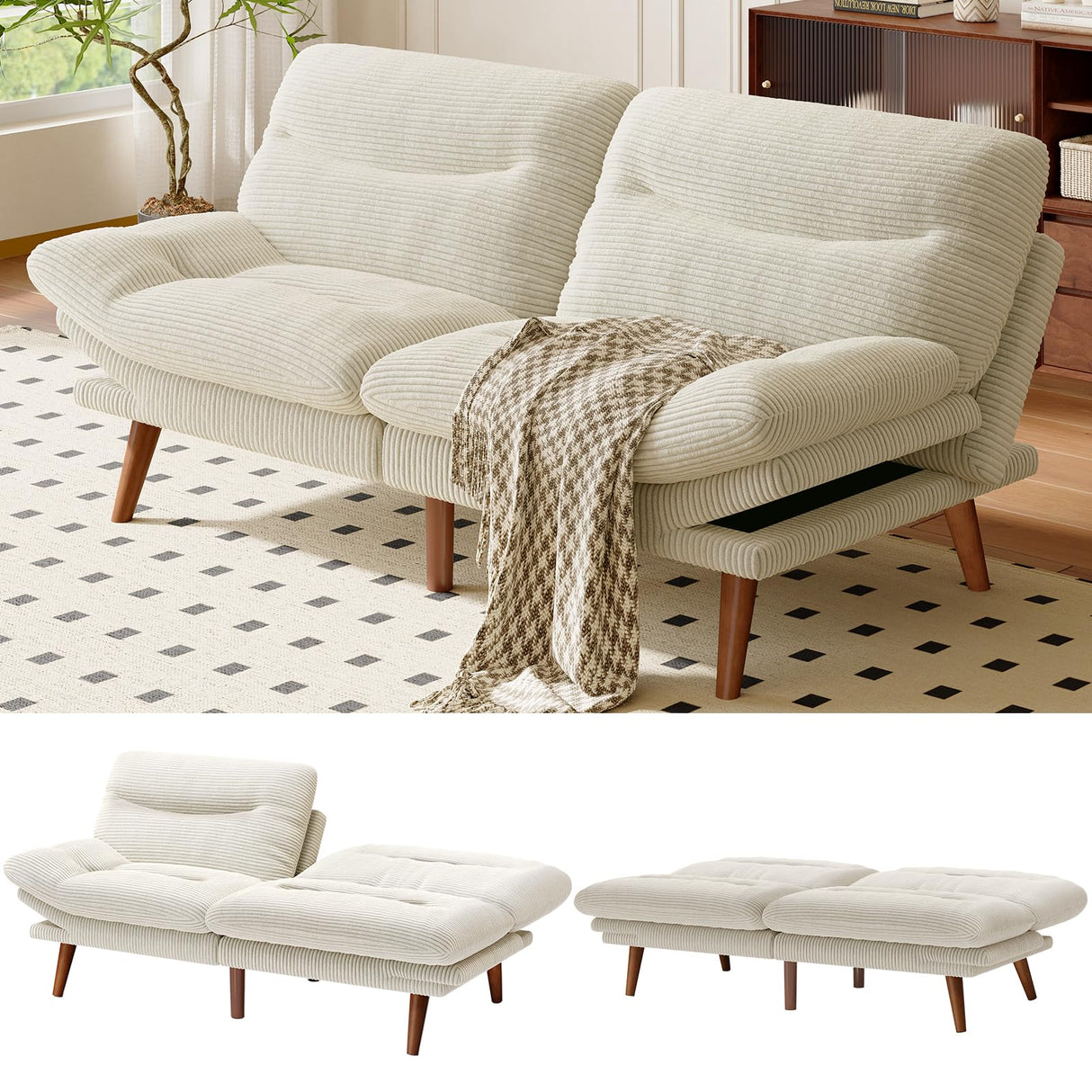 AMADA HOMEFURNISHING Futon Sofa Bed with Adjustable Backrest & Armrests, Convertible Futon Sofa Couch for Small Spaces, Living Room or Office, Corduroy Futon Sofa Bed(White) AMADA HOMEFURNISHING