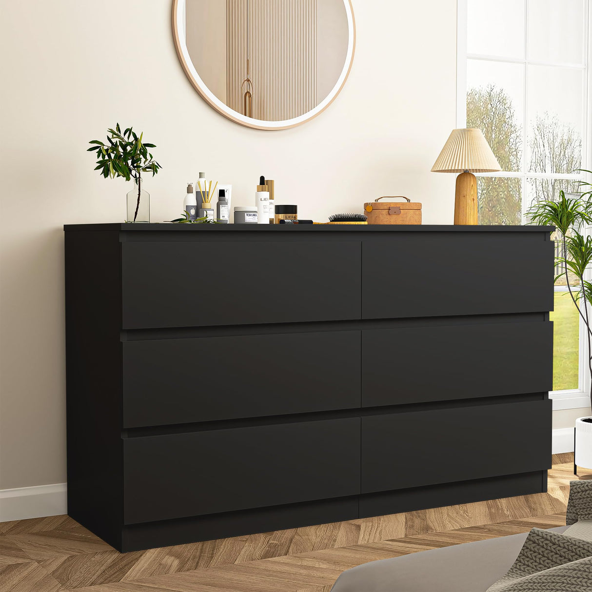 Vibe & Dine 6 Drawer Double Dresser, Modern Chest of Drawers with Wide Storage for Closet, Bedroom, Living Room, Black Vibe & Dine