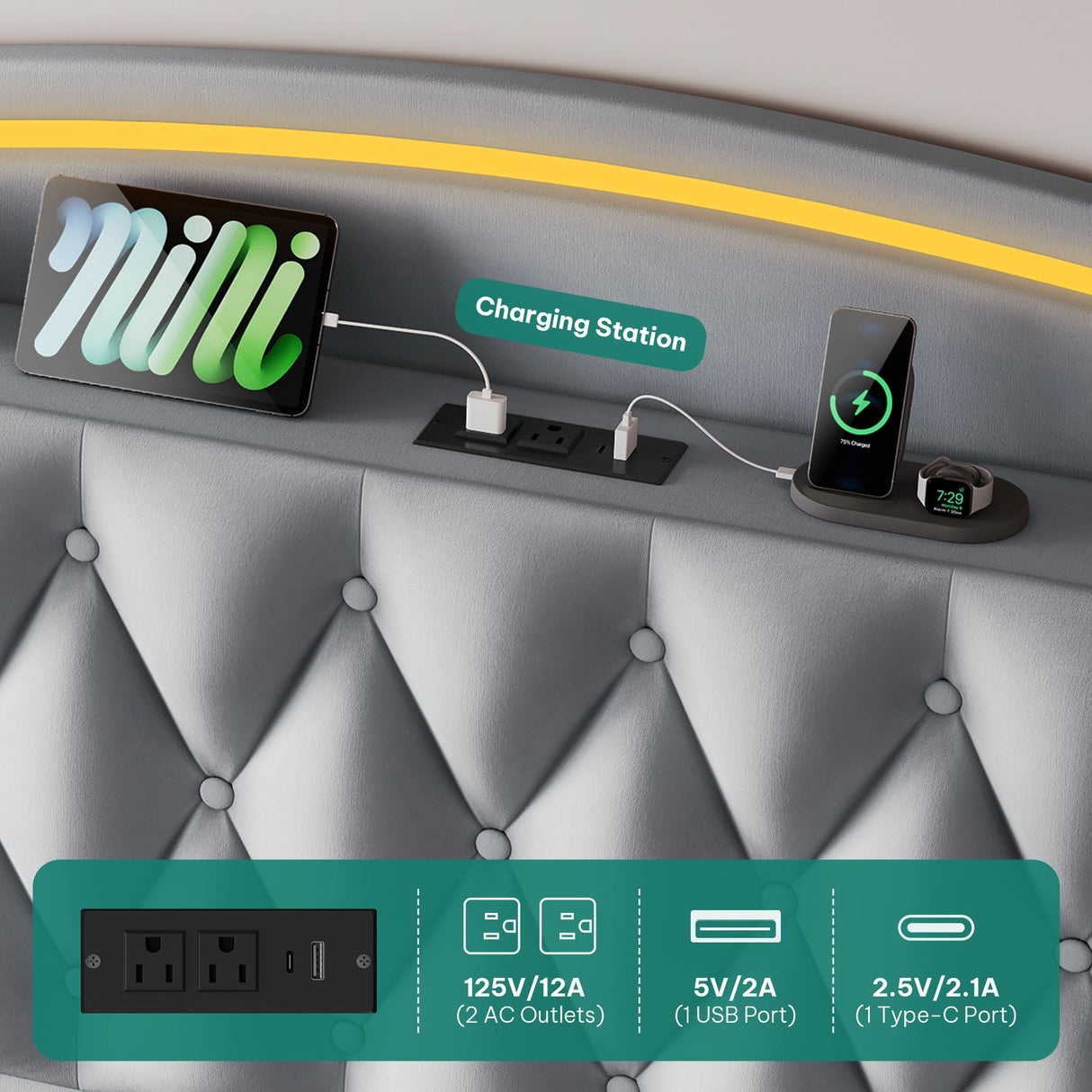 YITAHOME King Size Bed Frame with 4 Storage Drawers and RGB LED Lights, 57'' Tall Headboard Velvet Upholstered Bed with Charging Station, No Box Spring Needed, Easy Assembly, Noise-Free, Grey YITAHOME