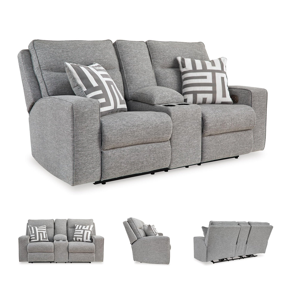 Signature Design by Ashley Biscoe Casual UV Resistant Power Reclining Loveseat with Console, Adjustable Headrest and USB Ports, Light Gray Signature Design by Ashley