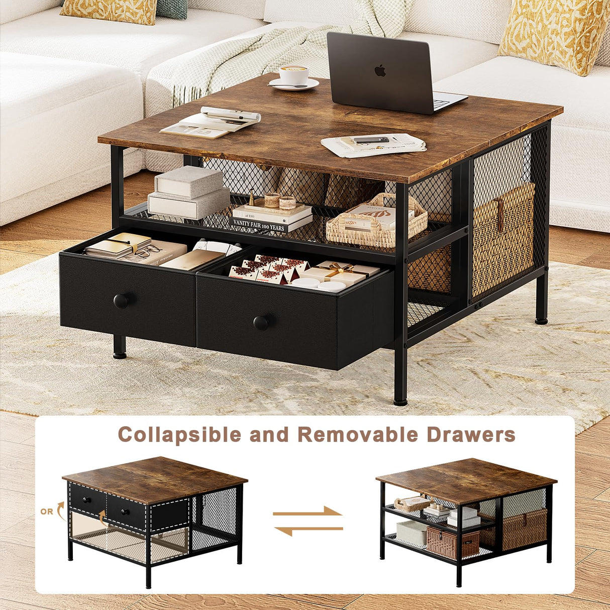FABATO Flip Top Coffee Table, Square Coffee Tables Metal Wood, Farmhouse Lift Up Coffee Table Cocktail Table with Wire Mesh Barn Door and Storage, Steel Frame, Small Tea Table for Living Room, Black FABATO
