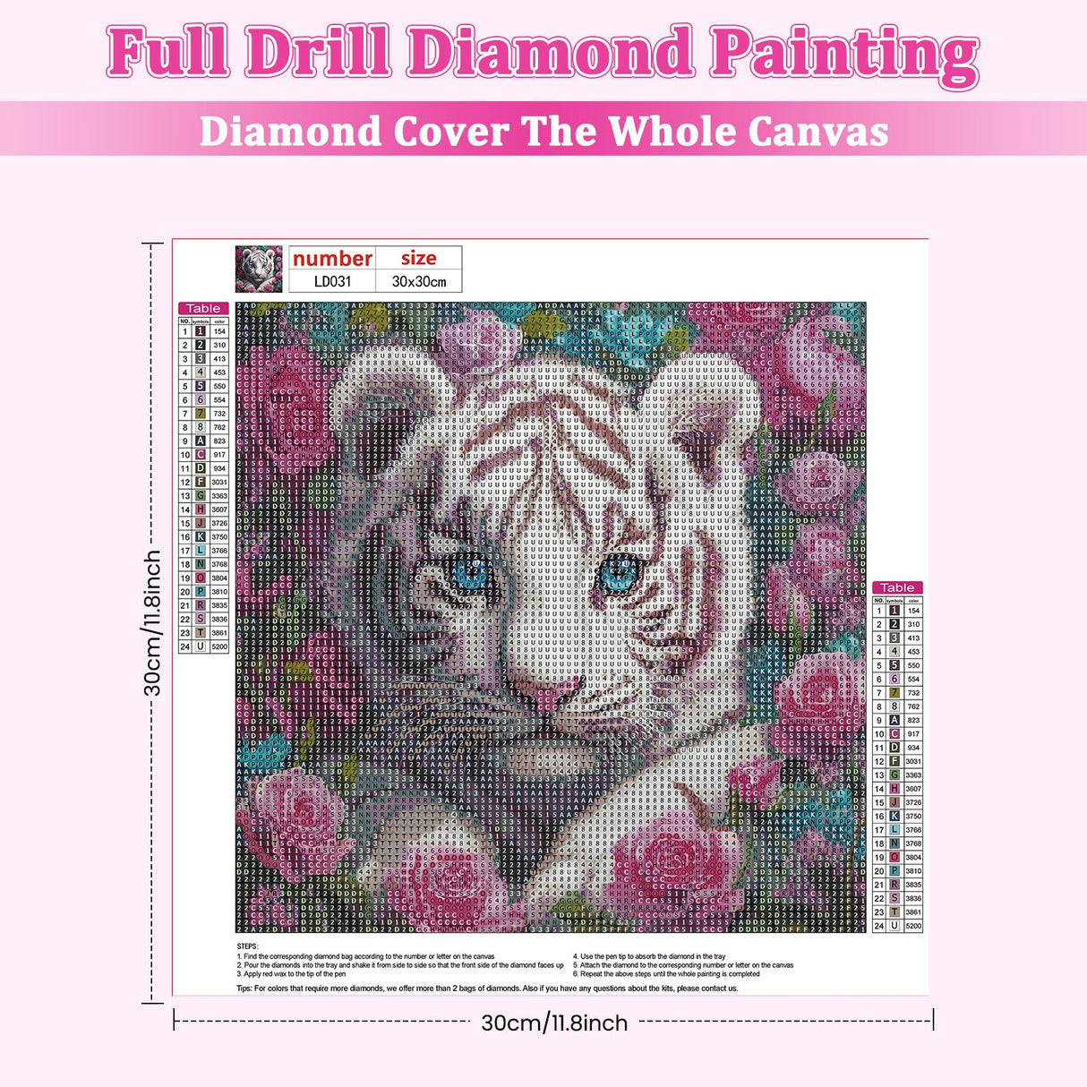 RICUVED Diamond Art Kits for Adults, White Tiger Diamond Painting Kits for Beginners, Animal Flowers DIY 5D Full Round Drill Gem Crystal Rhinestone Art and Craft Kit for Gift Home Wall Decor 30x30cm RICUVED