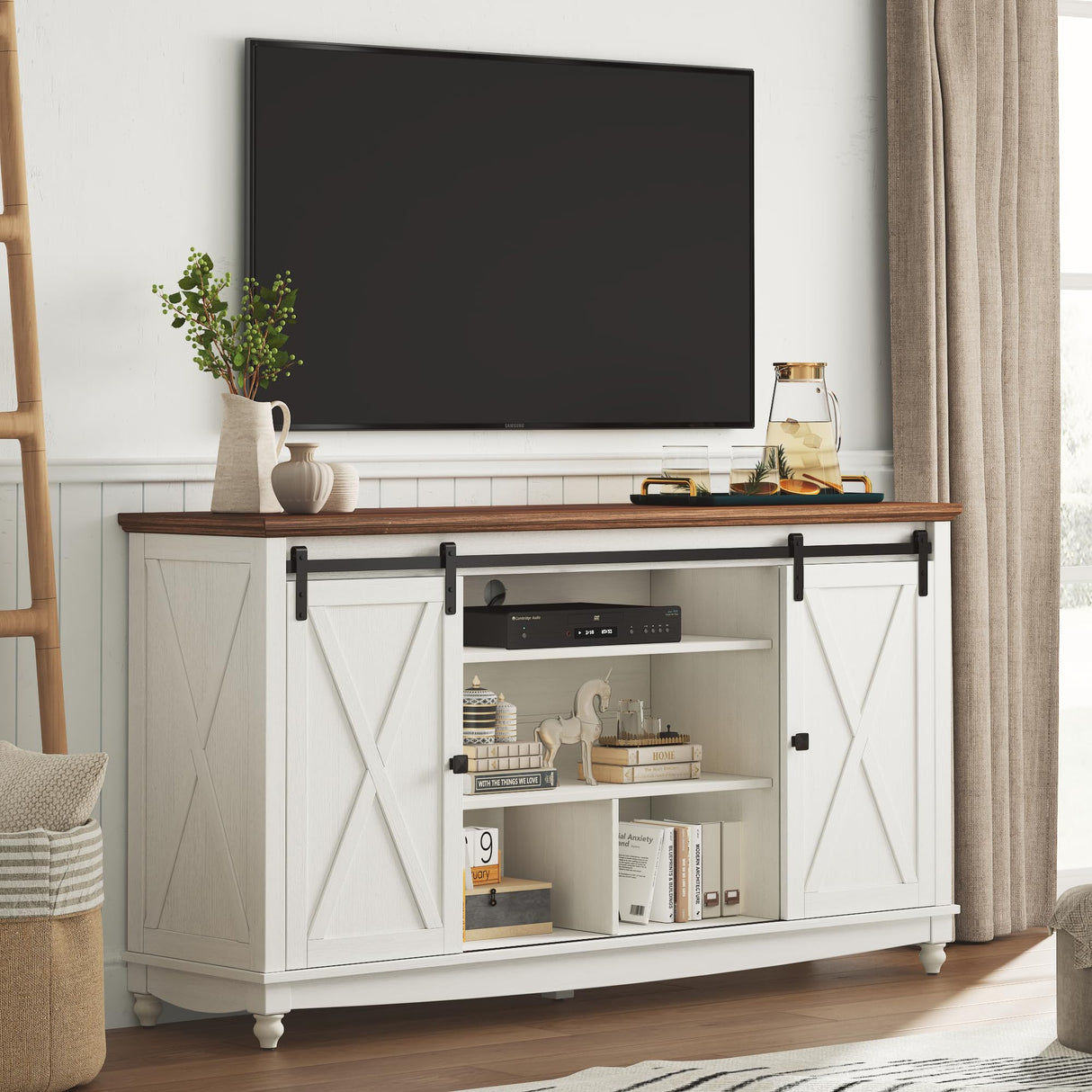 Farmhouse TV Stand for 65 75 Inch TV, 32" Tall Entertainment Center with Storage Cabinets and Barn Door, White Console Table with 3 Open storage shelve, Wood TV Console Table for Living Room, Bedroom ALLSTAND