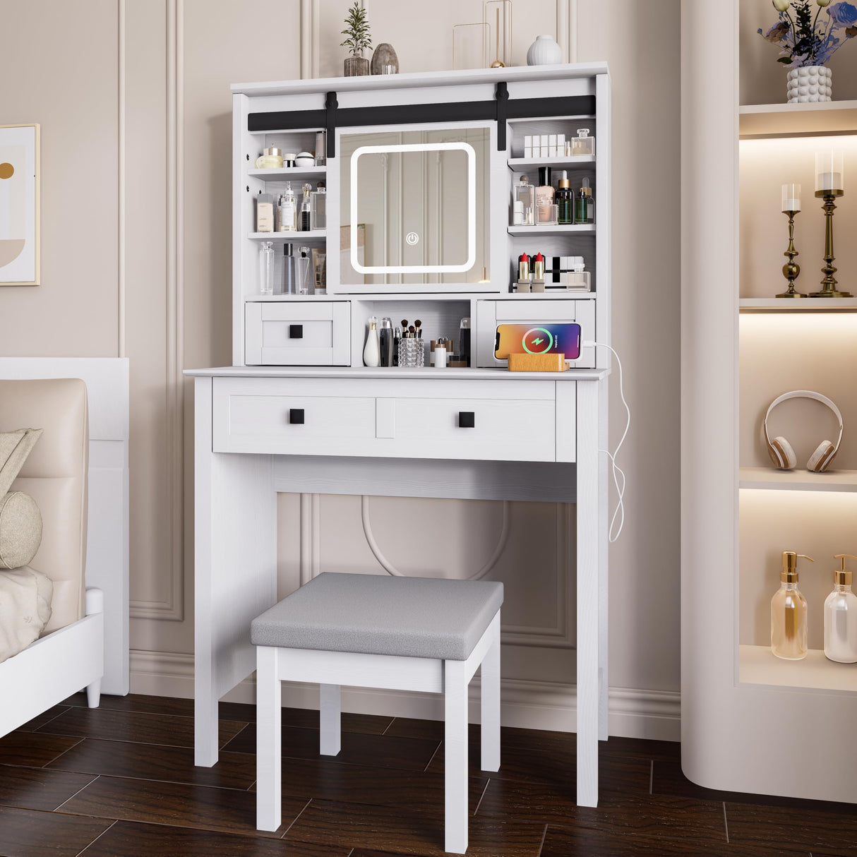 MECHYIN Farmhouse Makeup Vanity Desk with Sliding Mirror, Vanity Set with Stool & Charging Station & 3 Brightness Lights, Ample Storage, Dressing Table for Women Girls Bedroom, White MECHYIN