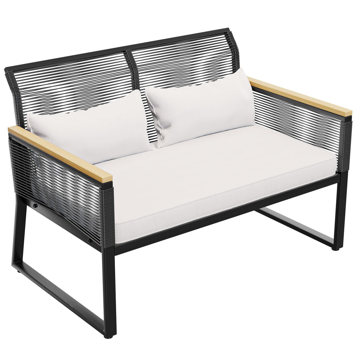 YITAHOME Patio Loveseat Wicker Outdoor Furniture, All Weather Rattan Conversation Loveseat for Backyard, Balcony and Deck with Wooden Armrest, Dark Gray Cushions (Dark Gray) YITAHOME