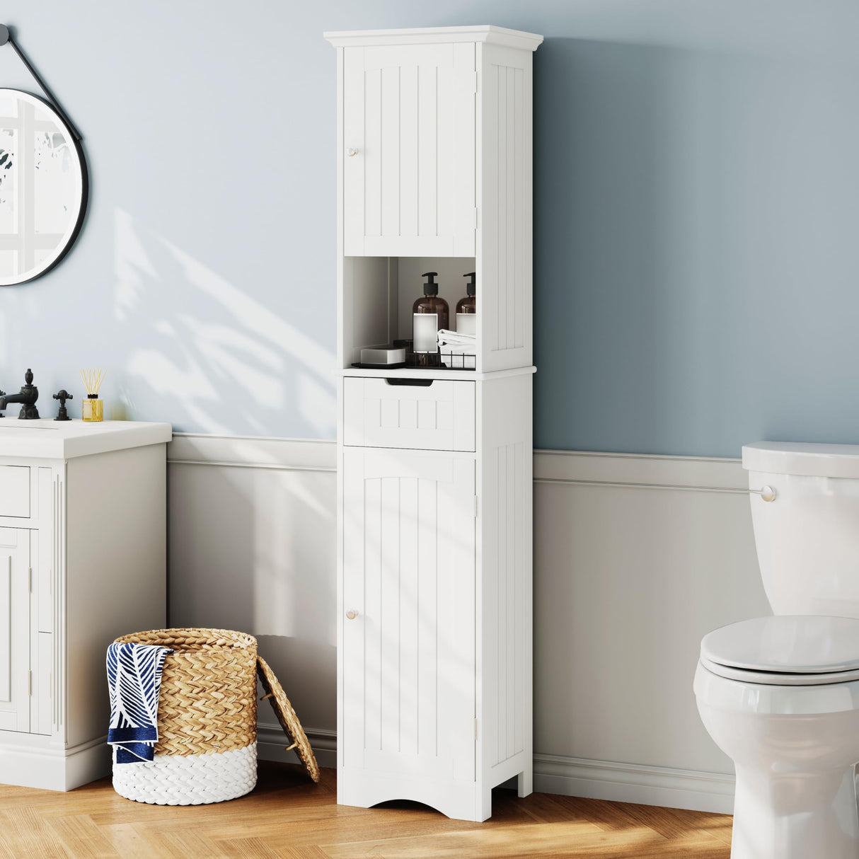 ChooChoo 67" Tall Bathroom Storage Cabinet Freestanding with Adjustable Shelves, Narrow Storage Linen Cabinet with 2 Doors and 1 Drawers for Bathroom, Living Room, Kitchen, White ChooChoo