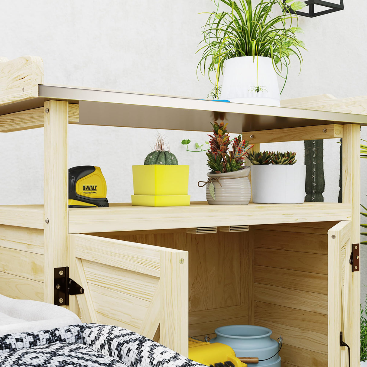 Outsunny Outdoor Wooden Potting Bench Table, Garden Workstation with Storage Cabinet, Aluminum Table Top, Rubber Wheels for Backyard, Patio, Balcony, Natural Wood Outsunny