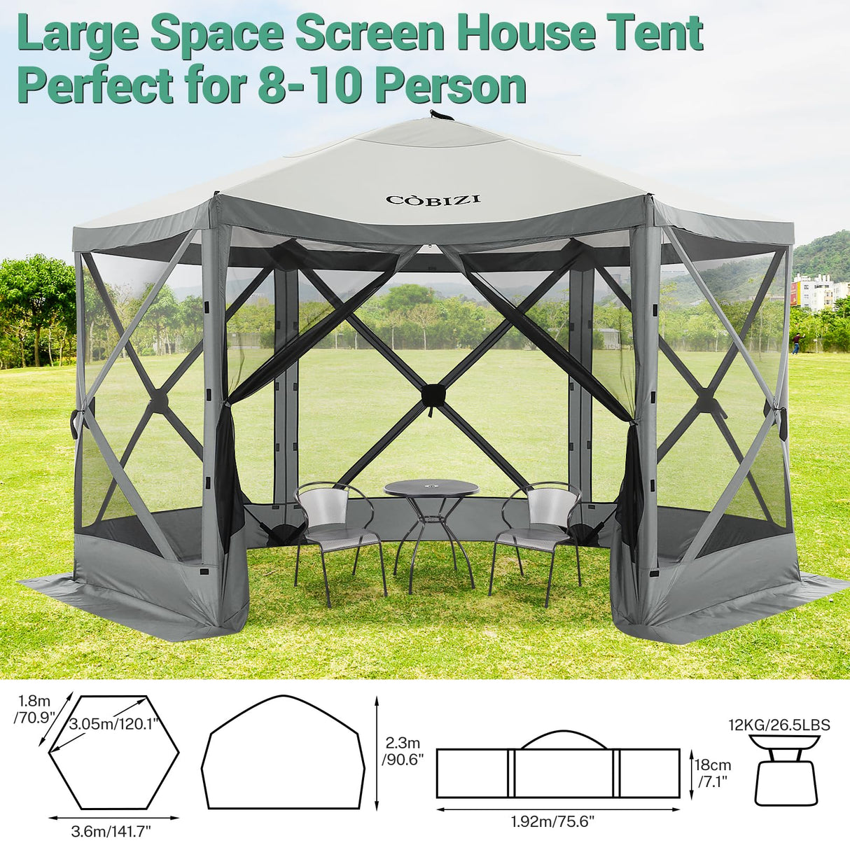 COBIZI 12x12ft Pop up Gazebo Screen Tent Screen House for Camping, Camping Outdoor Screened Gazebo with Sidewalls, Portable Hub Tent with Carrying Bag and Ground Stakes, Grey(Upgraded 2.0) COBIZI