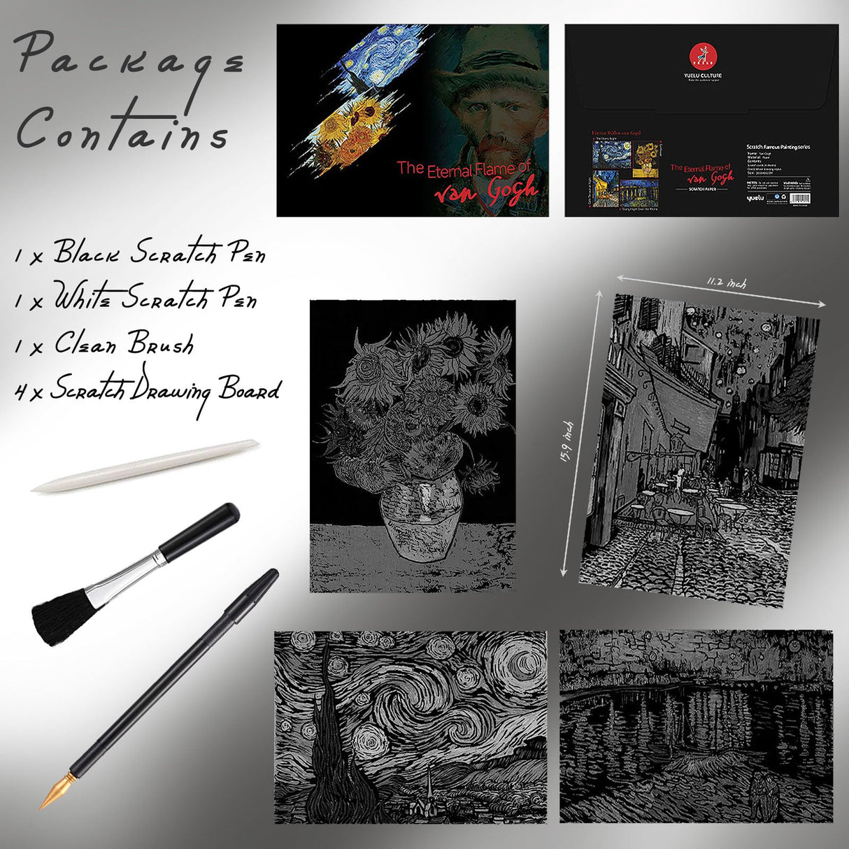 Scratch Art Rainbow Painting Paper, 4 Pcs Vincent Van Gogh Engraving Art & Craft Set, DIY Sketch Card Scratchboard for Kids & Adults, Cafe Terrace at Night, Sunflowers, Starry Night Over the Rhone(VG) VTEAS