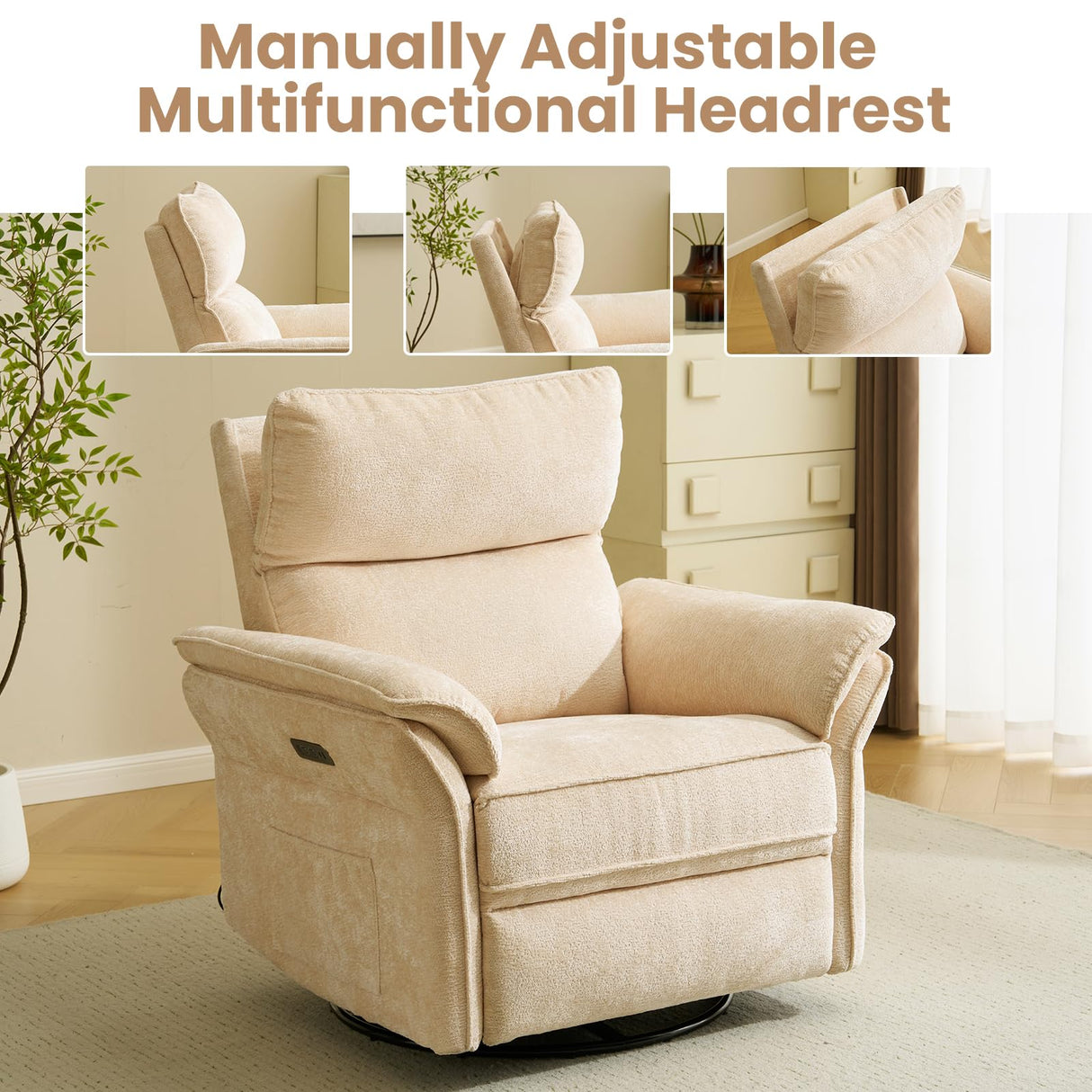 Oversized Power Recliner Chairs for Adults with Massage and Heat, Power Swivel Rocker Recliner Chair with Adjustable Headrest, 26" Extra Wide Rocker Nursery Recliner with USB Port, Beige RUTOX