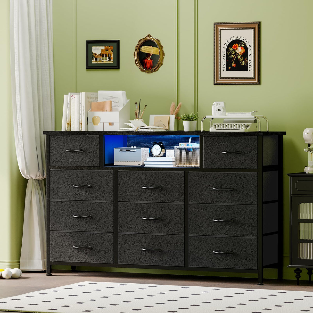 YGEOMER 59in Long Black Dresser for Bedroom TV Stand with Charging Station and LED Lights, Black Dresser with 11 Drawers, Fabric Chest of Drawers with PU Finish for Bedroom, Entryway YGEOMER