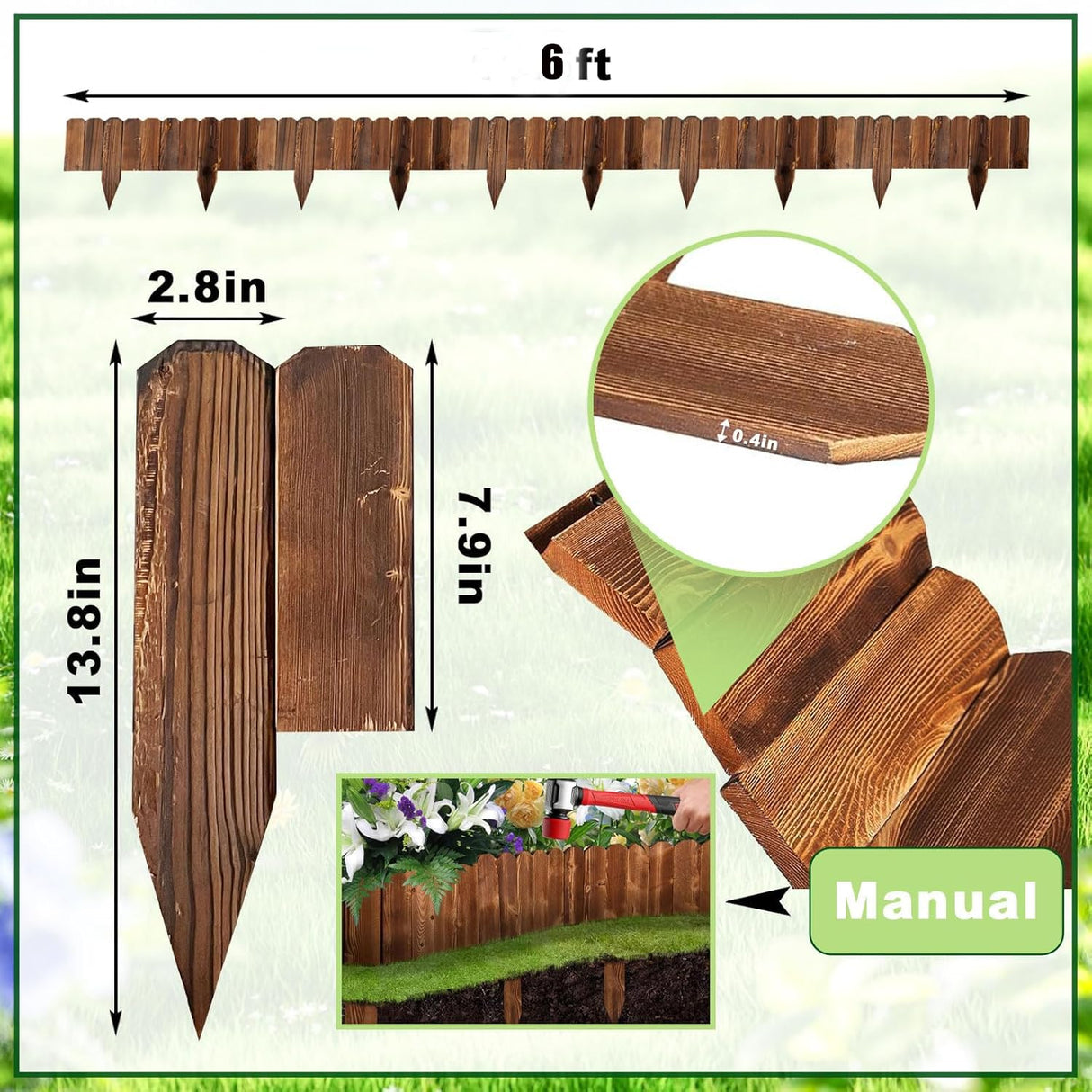 Garden Wooden Fence,6ft X 8in Pine Wood Flower Bed Edging Borders, No Fading Planter Fencing for Outdoor Patio Lawns Yard Flower Bed Decoration SHATGYI