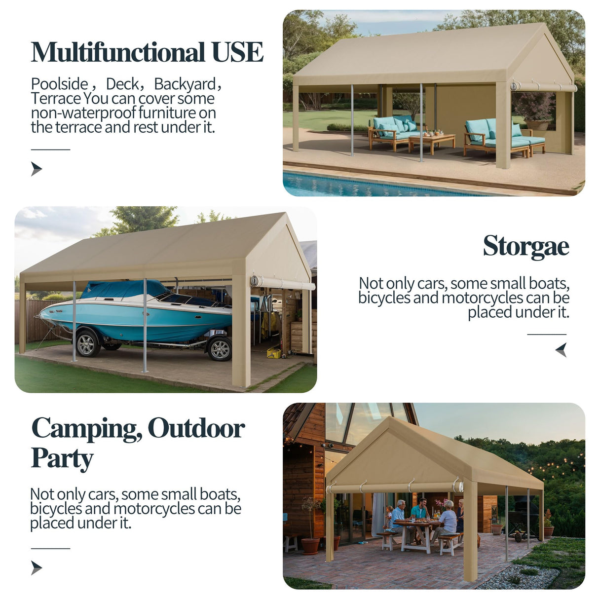 Shintenchi Carport 10' x 20' Heavy Duty Portable Garage, Car Port Canopy with Side-Opening Removable Door & Roll-Up Windows, Car Canopy for Truck, Boat, Motorcycle, Khaki Shintenchi