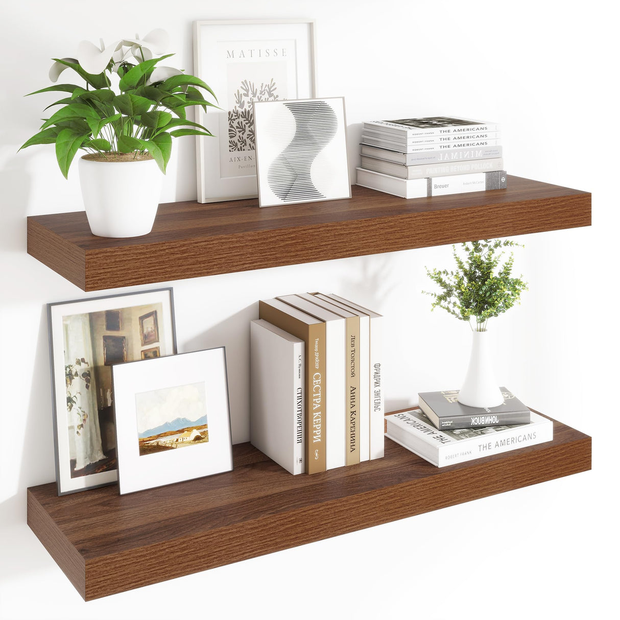 Heimlove 12 Inch Deep Floating Shelves, 48 x 12 inches Long Wall Shelf, Large Display Shelf & Storage Shelf, Rustic Wood Wall Shelves for Fireplace Mantel, Set of 2(Walnut) Heimlove