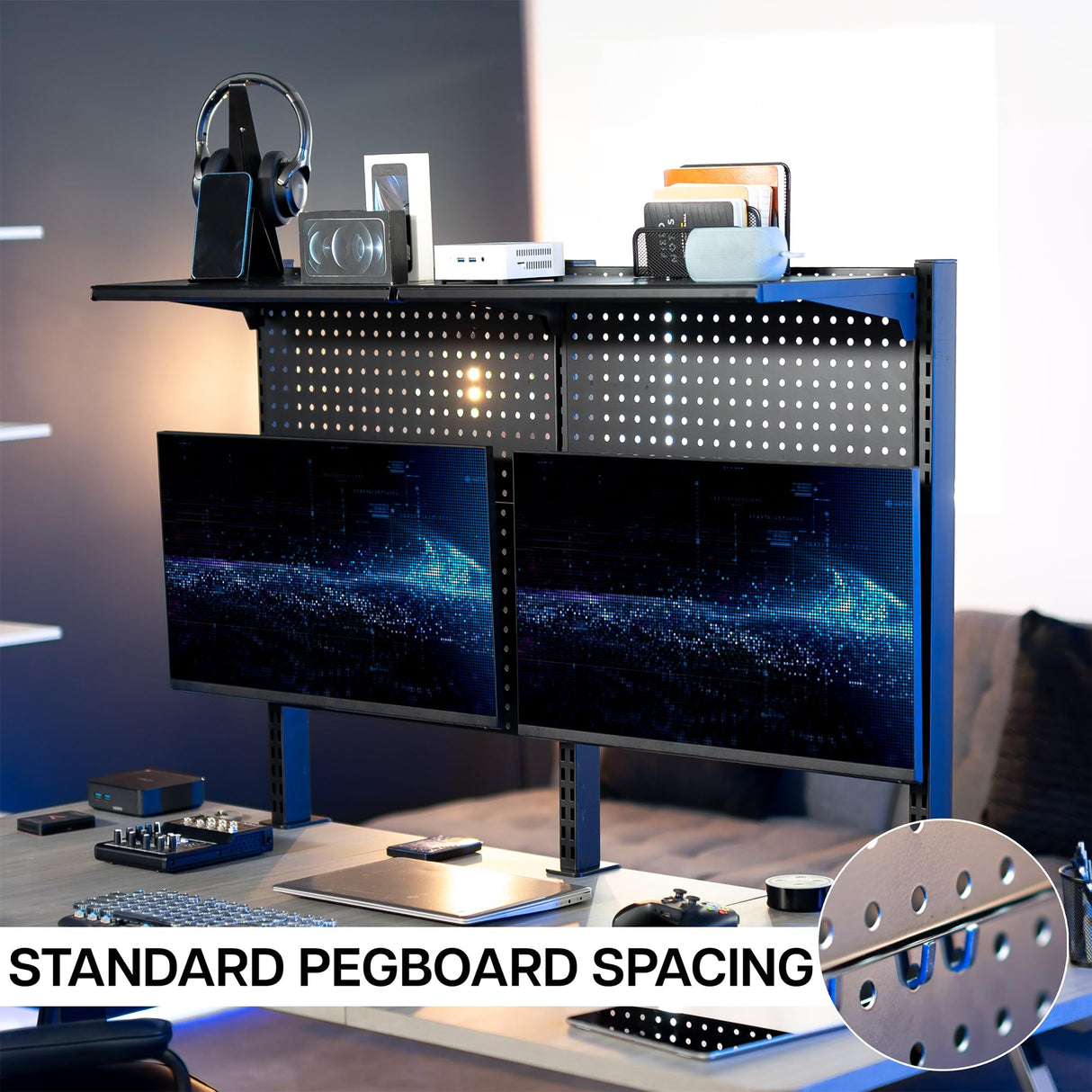 VIVO Steel Triple Clamp 47 x 31 inch Desk Pegboard System with 2 Monitor Mounts and Storage Shelf, Fits up to 32 inch Screens, Office Accessory Organizer, Black, PP-DK48SB VIVO