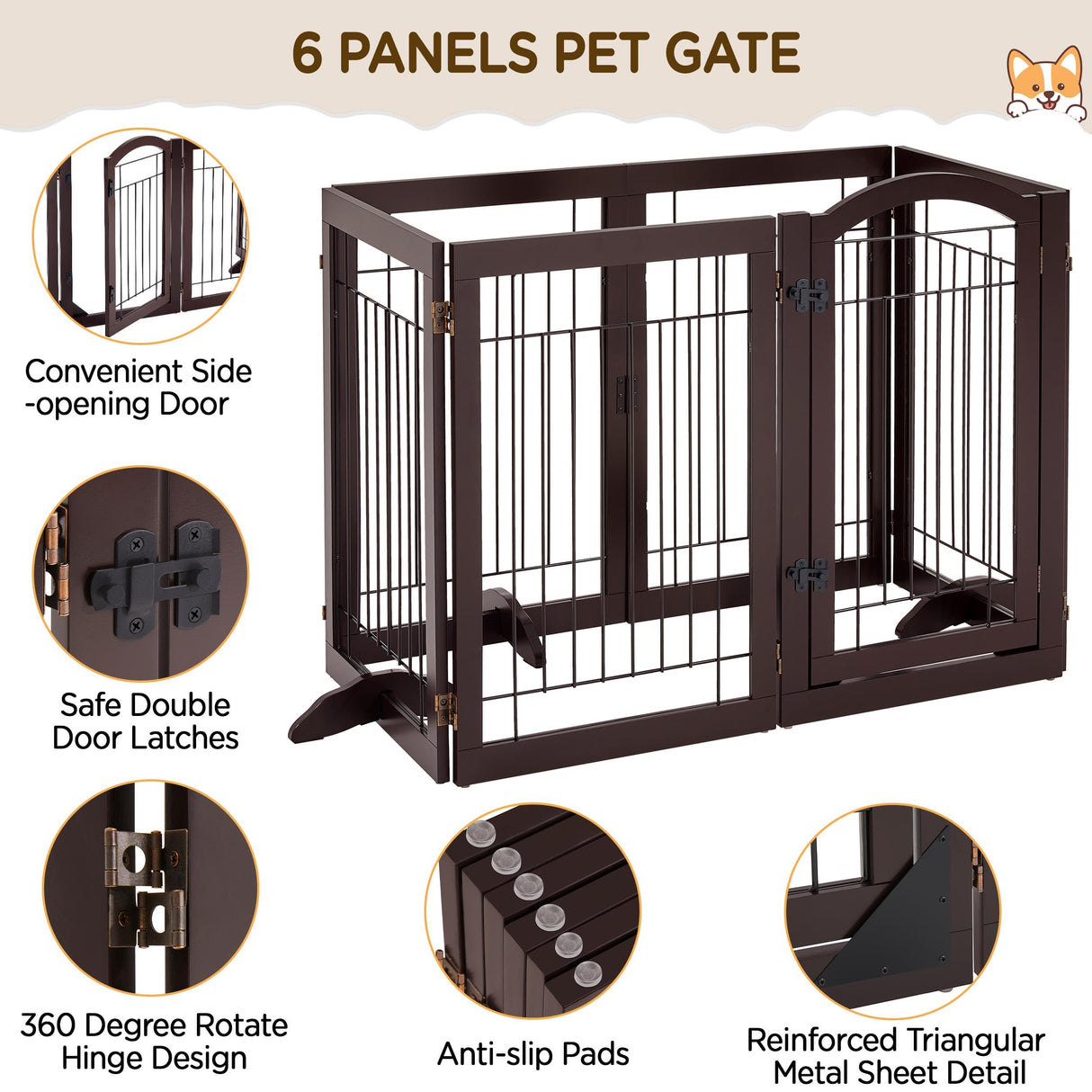 Yaheetech 32-inch Tall Dog Gate with Door Extra Wide Pet Gate for Dogs, Foldable Wire & Wooden Puppy Safety Fence w/3 Support Feet,Freestanding Dog Gate for the House,Doorway,Stairs(Espresso,6 Panels) Yaheetech
